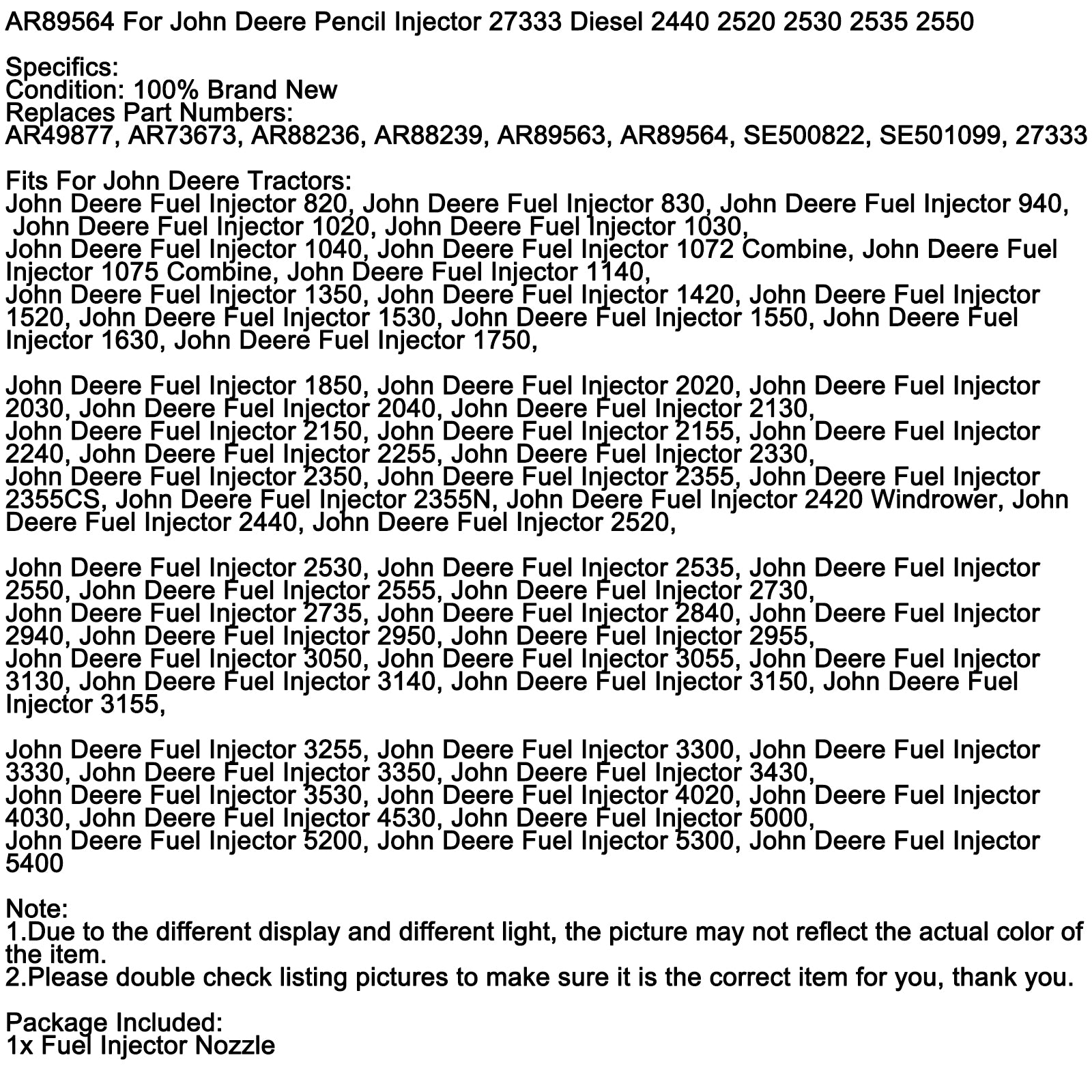 AR89564 For John Deere Pencil Injectors Tractor 27333 1520 1530 2020 2030, 1Pcs