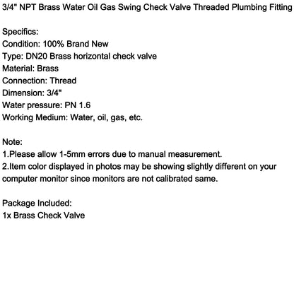 1/2" 3/4" 1" 2" Female Thread Brass Horizontal DN15 Non-Return Swing Check Valve, 3/4"