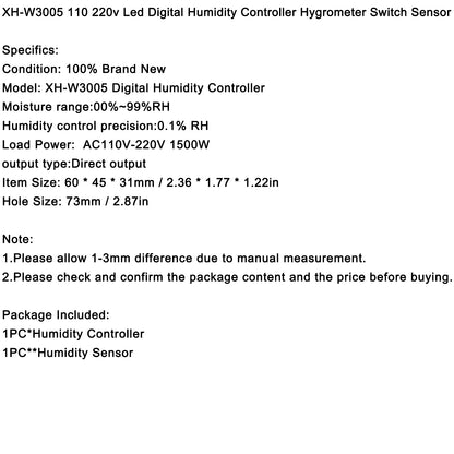 XH-W3005 12V 24V 110-220V Digital Humidity Controller Hygrometer Switch, 110V-220V 1500W