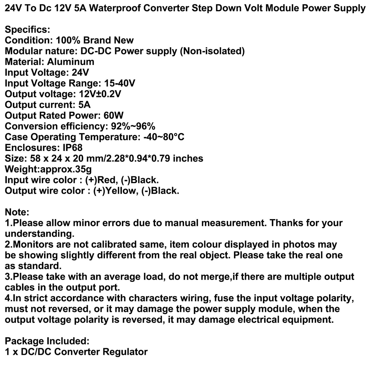 24V To Dc 12V 5A Waterproof Converter Step Down Volt Module Power Supply