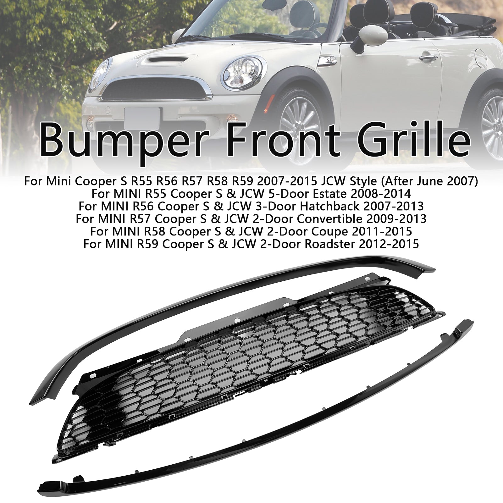 2007-2013 MINI R56 Cooper S & JCW 3-Door Hatchback 3PCS Gloss Black Front Grill Grille