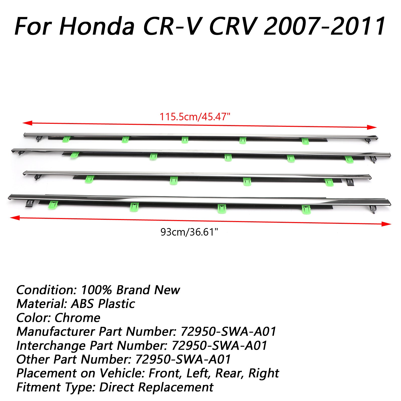2007-2011 Honda CR-V CRV 4x Car Window Moulding Trim Weatherstrips Seal 72950-SWA-A01