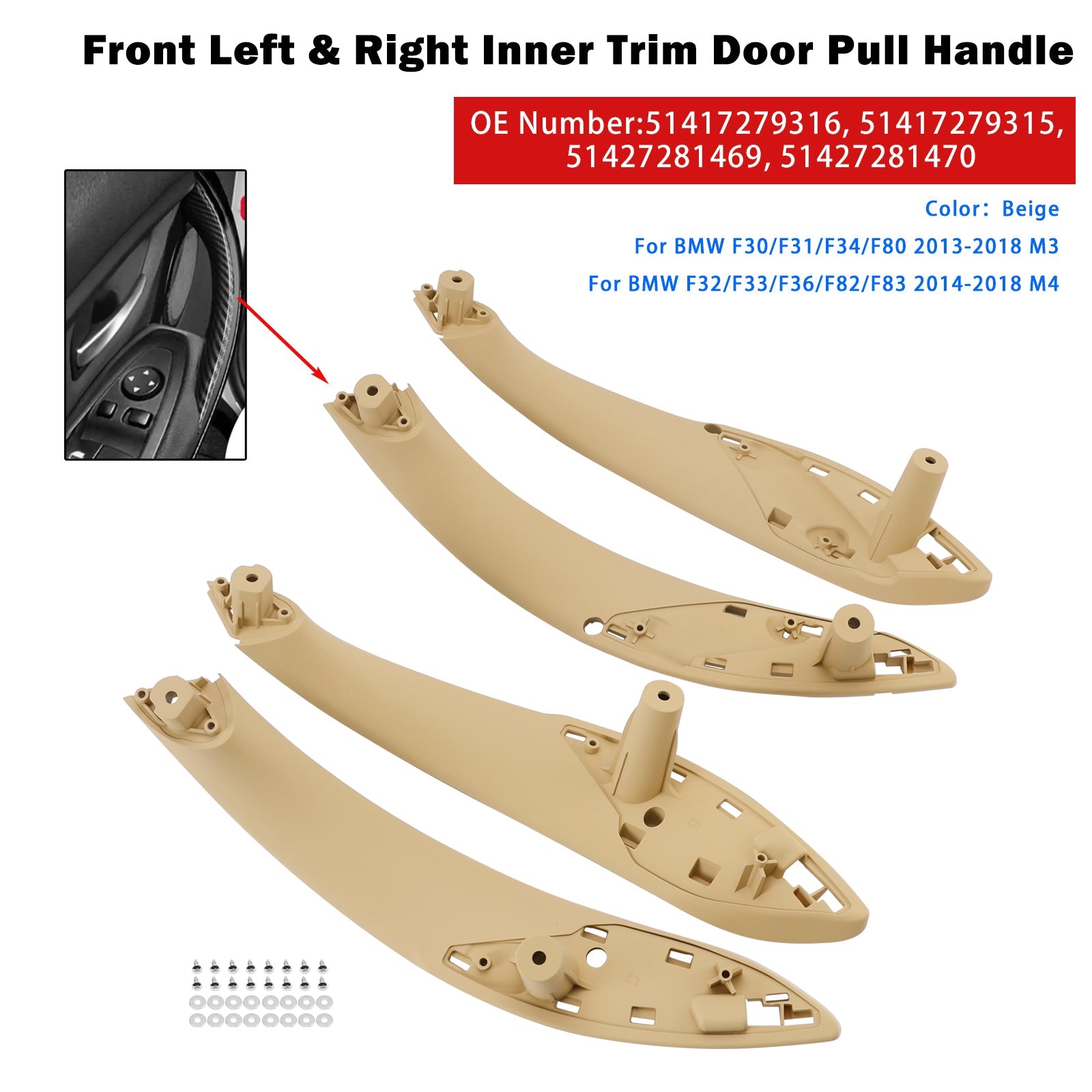 4PCS Beige Inner Trim Door Pull Handle for BMW F30 F80 F31 F32 F33 F35 M3