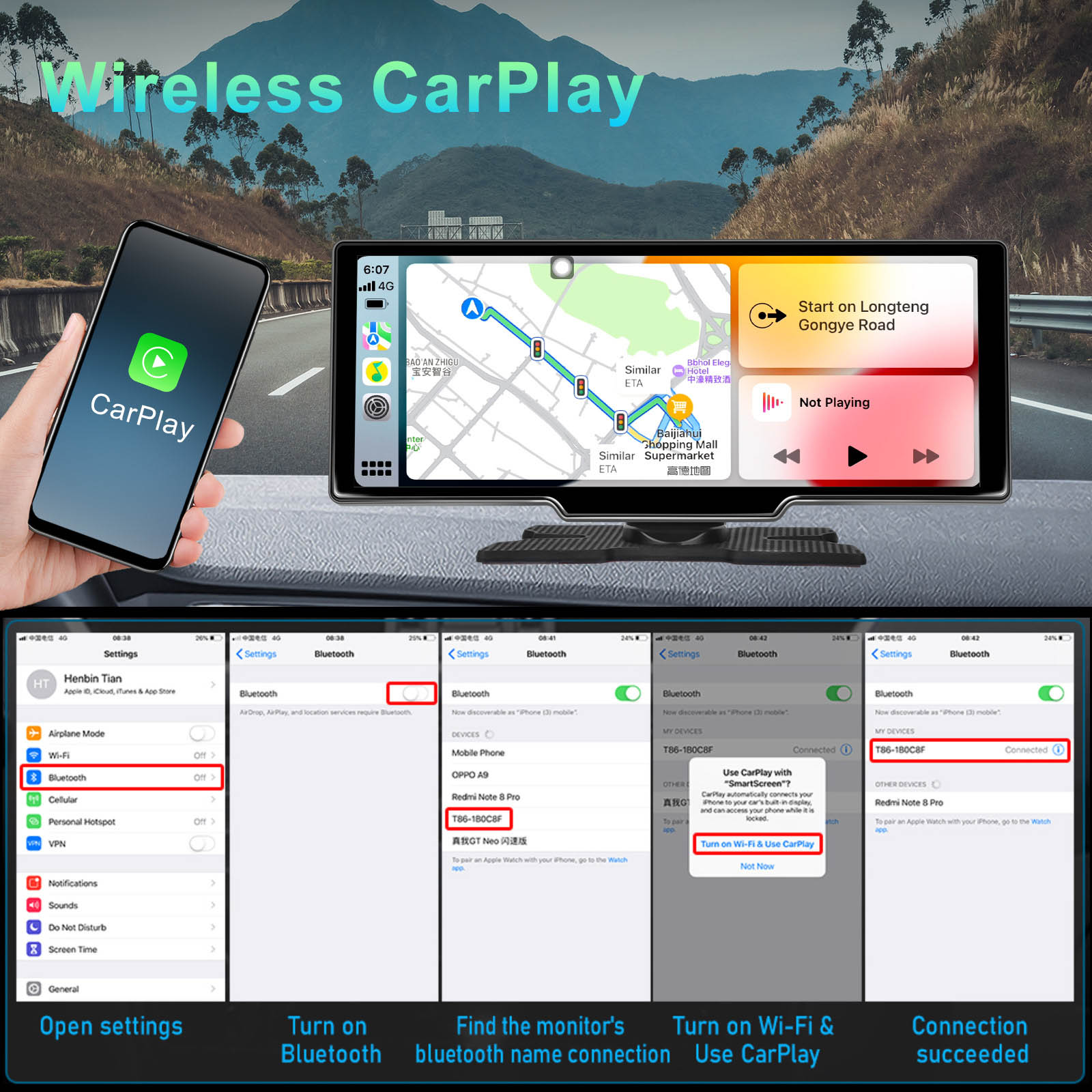 10.77" Portable Bluetooth Car Navigation Wireless Carplay HD Large Touch Screen