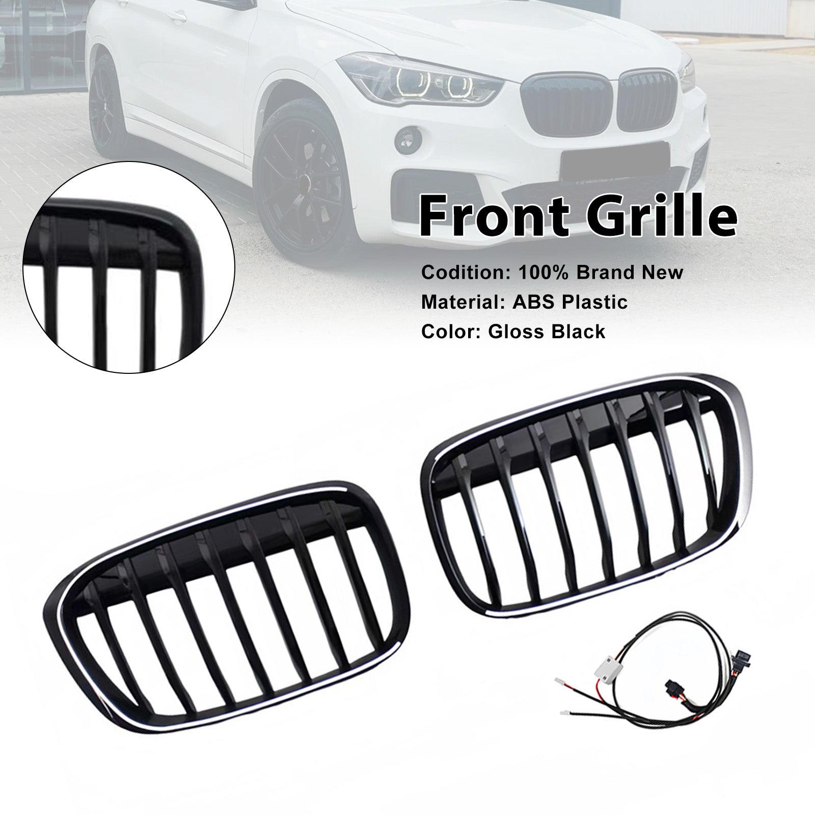 2016-2019 Fit BMW X1 F48 F49 2PCS Gloss Black Front Kidney Grill Grille