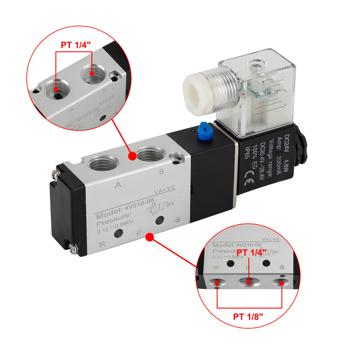 4V210-08 5 Way 2 Position Dc 24V Pneumatic Electric Solenoid Air Valve