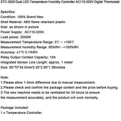 STC-3028 Dual Display Digital Temperature Humidity Controller Thermostat+Probe, AC110V-220V