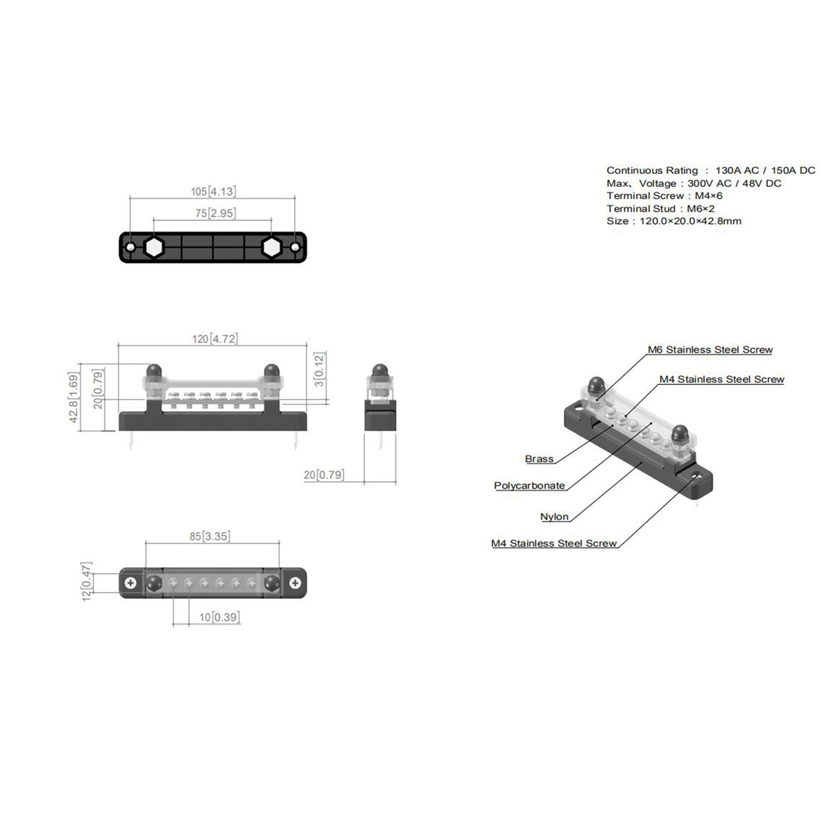 2pcs 6 Way 48V 150A Bus Bar Power Distribution 12xTerminals Block For Car Marine