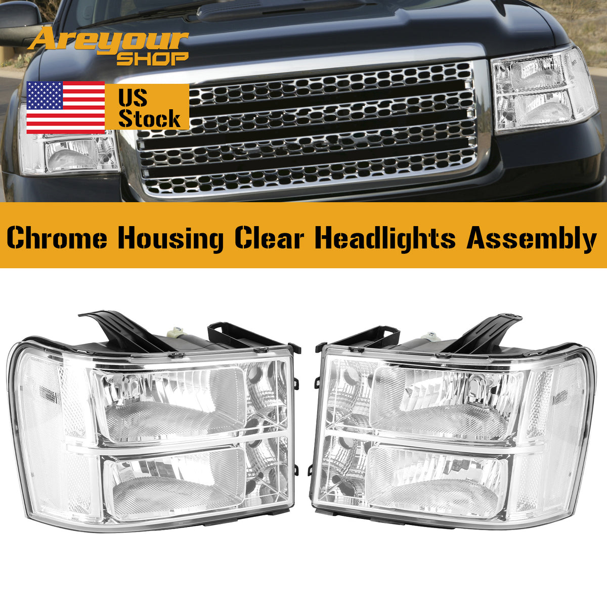 2007-2013 GMC Sierra 1500 Chrome Clear Headlights Assembly GM2502283 22853029 Generic