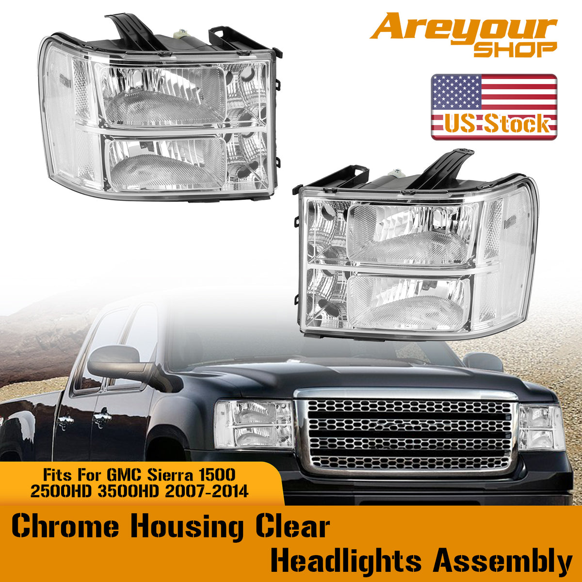 2007-2013 GMC Sierra 1500 Chrome Clear Headlights Assembly GM2502283 22853029 Generic