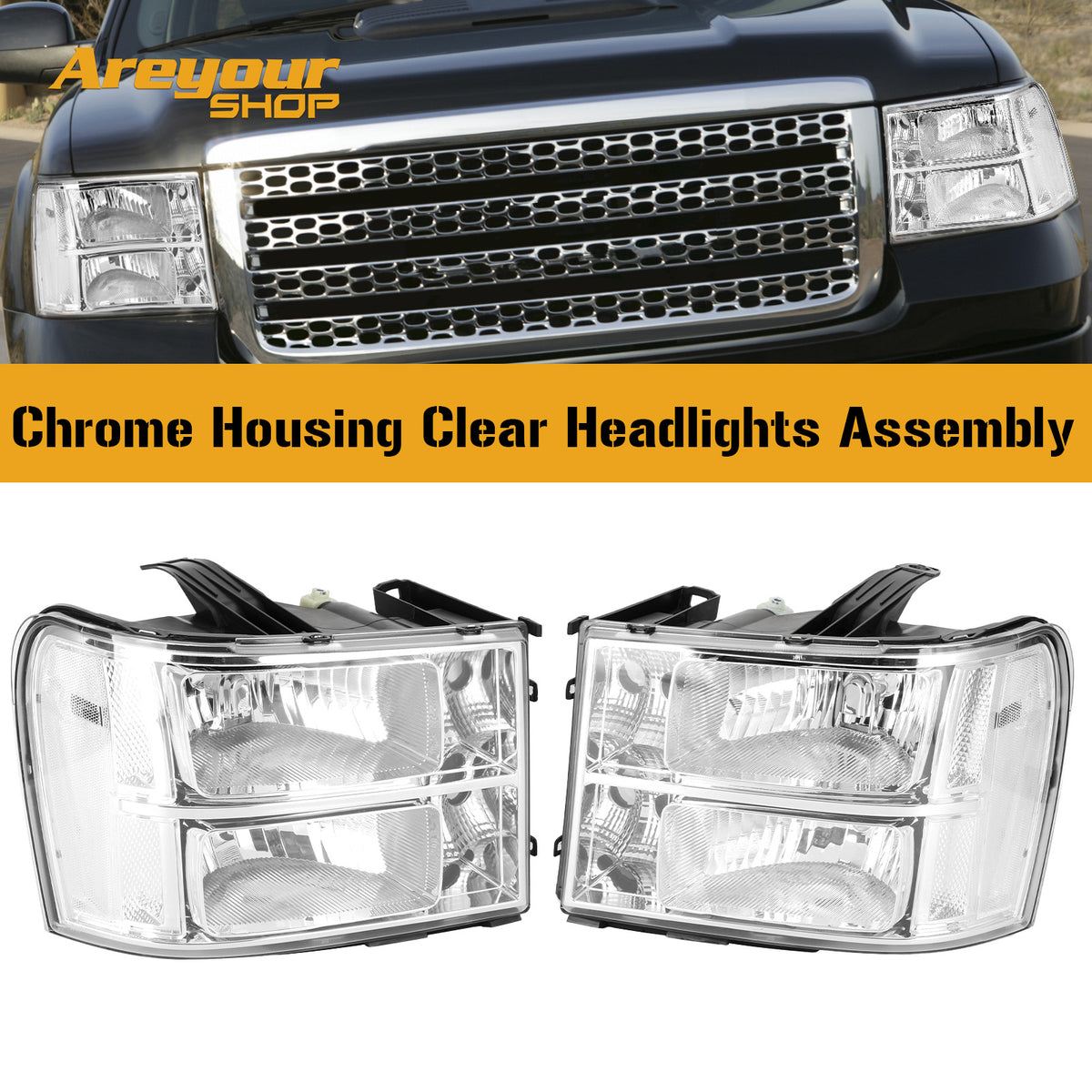 2007-2013 GMC Sierra 1500 Chrome Clear Headlights Assembly GM2502283 22853029 Generic