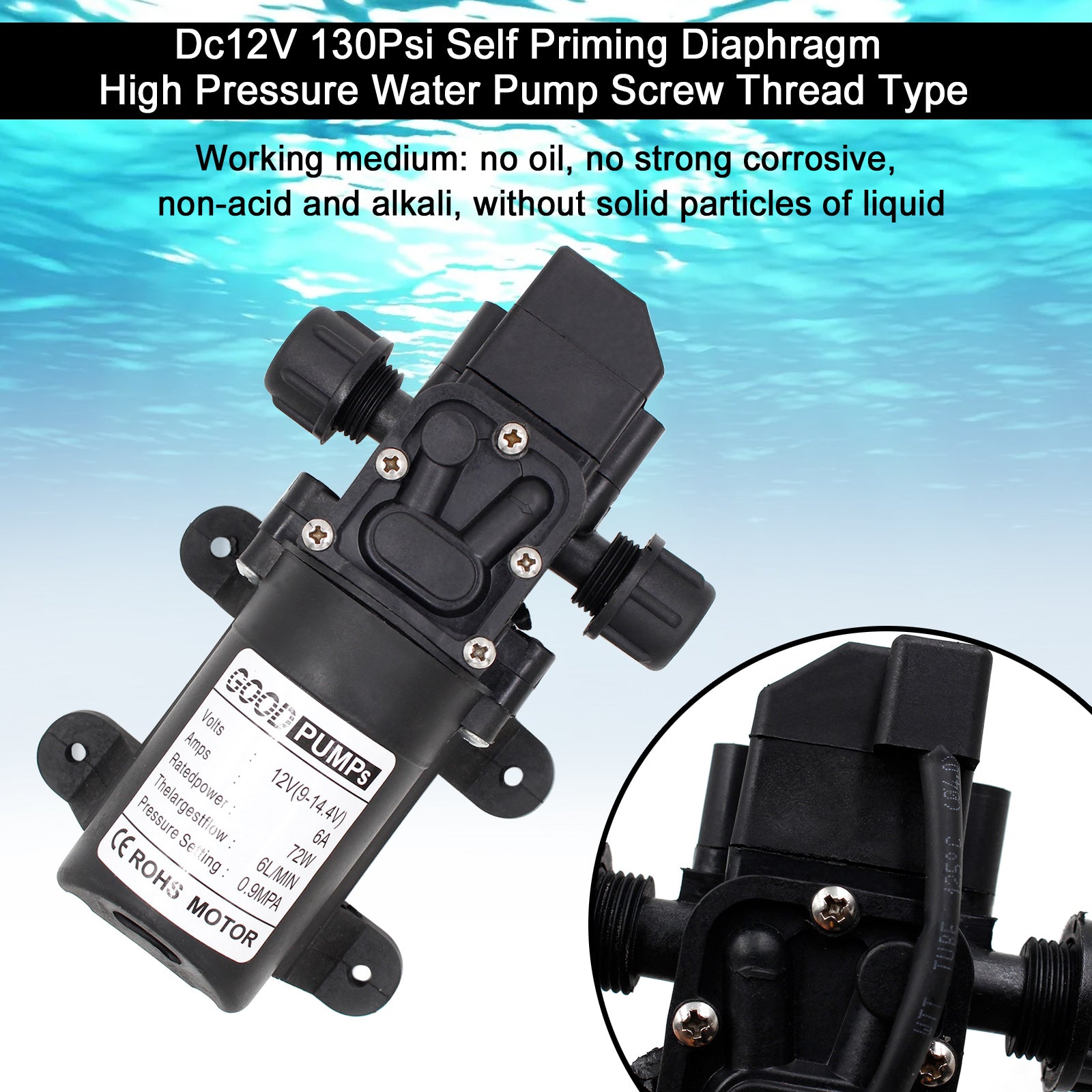 130Psi Dc12V 72W High Pressure Diaphragm Water Self Priming Pump Auto Switch, Screw Thread
