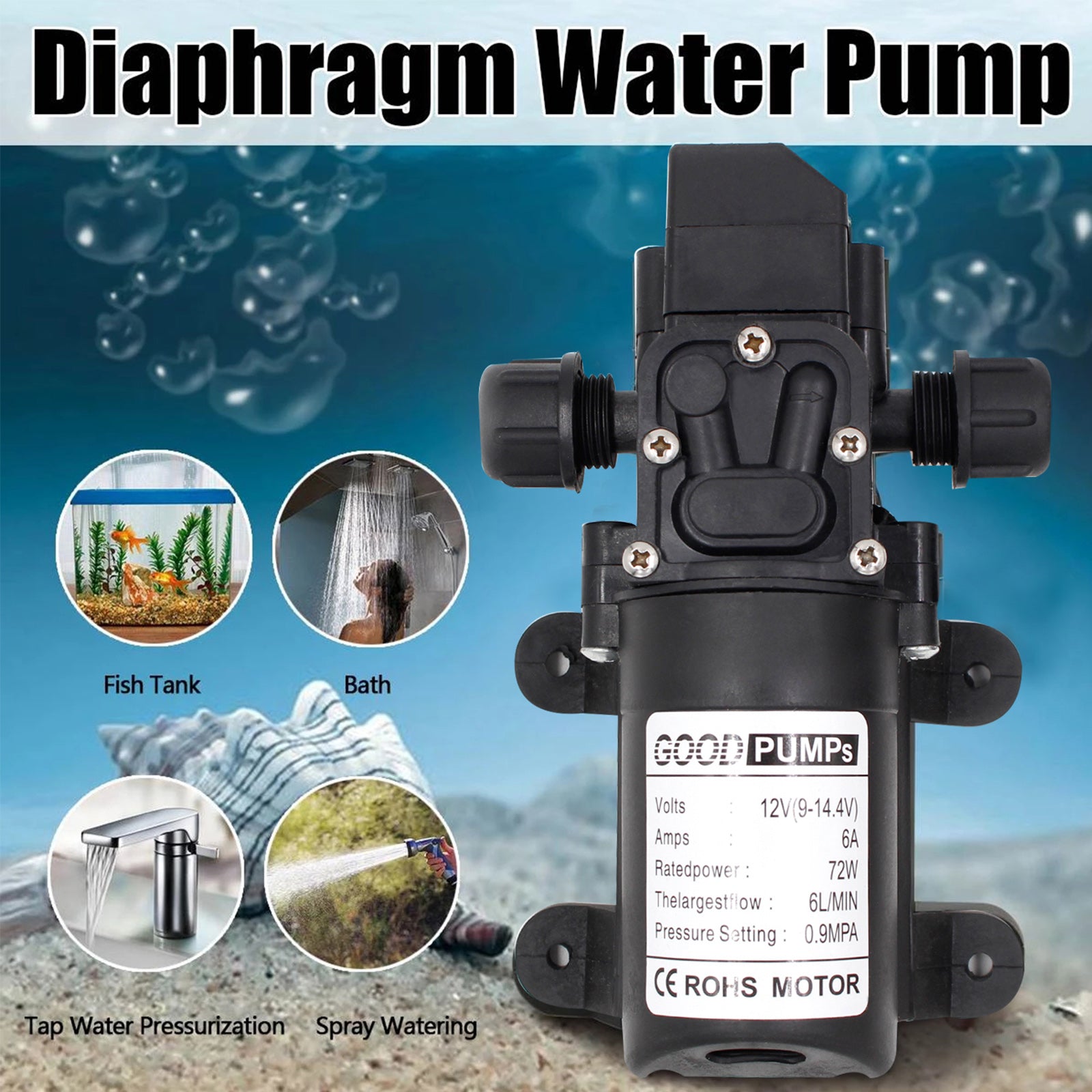 130Psi Dc12V 72W High Pressure Diaphragm Water Self Priming Pump Auto Switch, Screw Thread