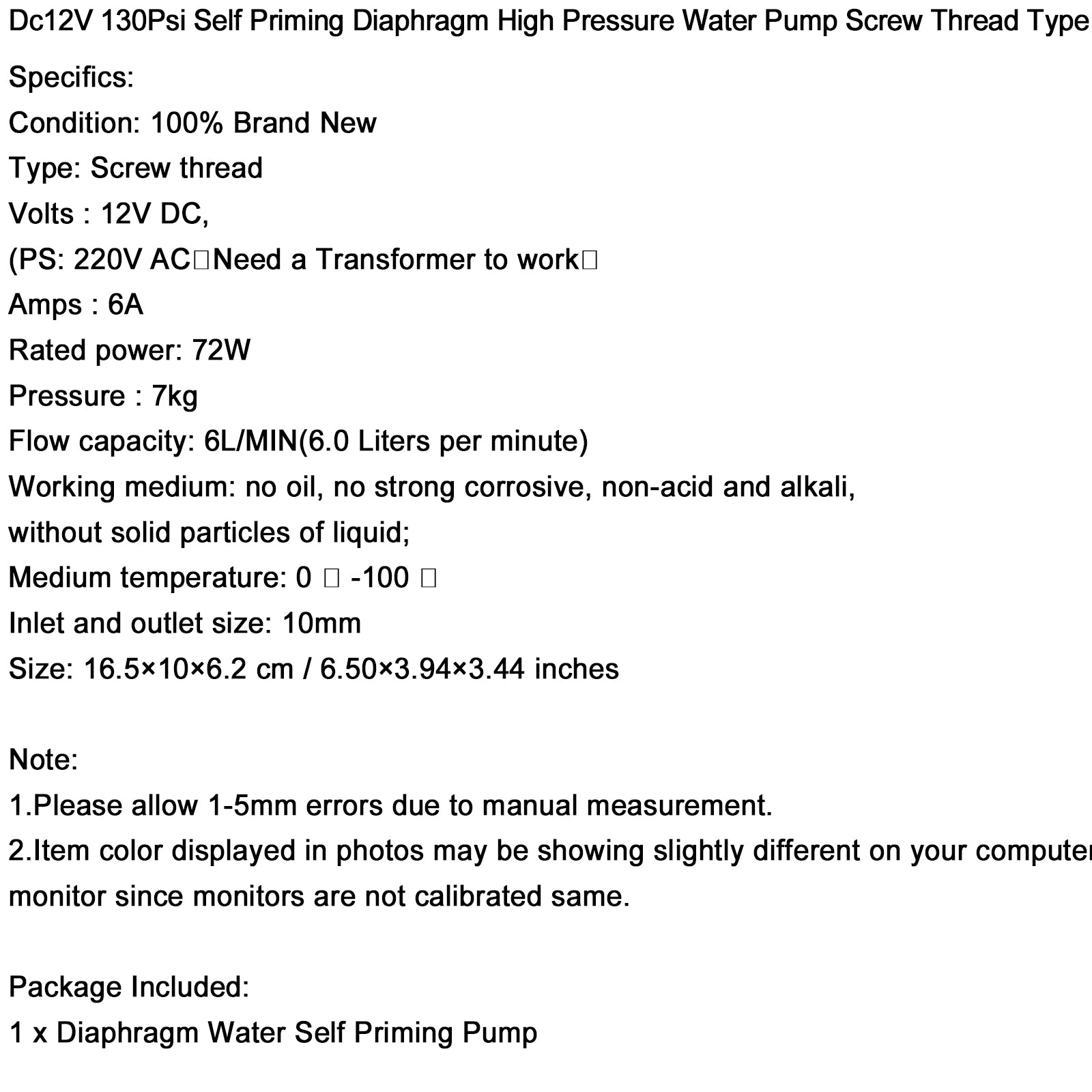 130Psi Dc12V 72W High Pressure Diaphragm Water Self Priming Pump Auto Switch, Screw Thread