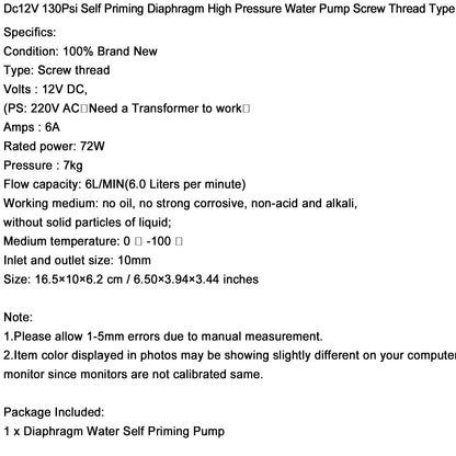 130Psi Dc12V 72W High Pressure Diaphragm Water Self Priming Pump Auto Switch, Screw Thread