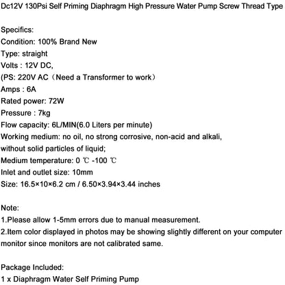 130Psi Dc12V 72W High Pressure Diaphragm Water Self Priming Pump Auto Switch, Straight