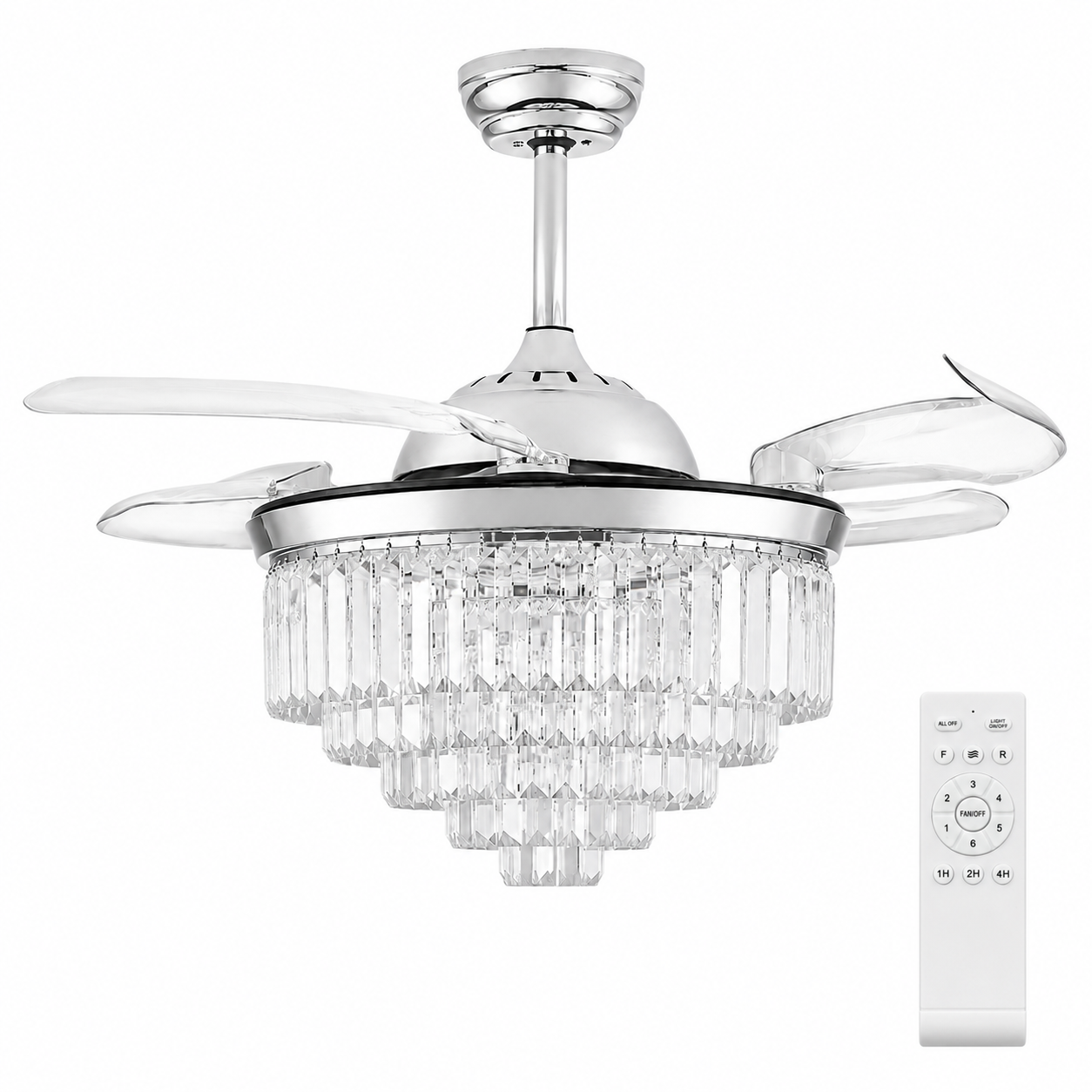 Remote Control Retractable Blades 6 Speeds 42" Crystal Ceiling Fan with Light