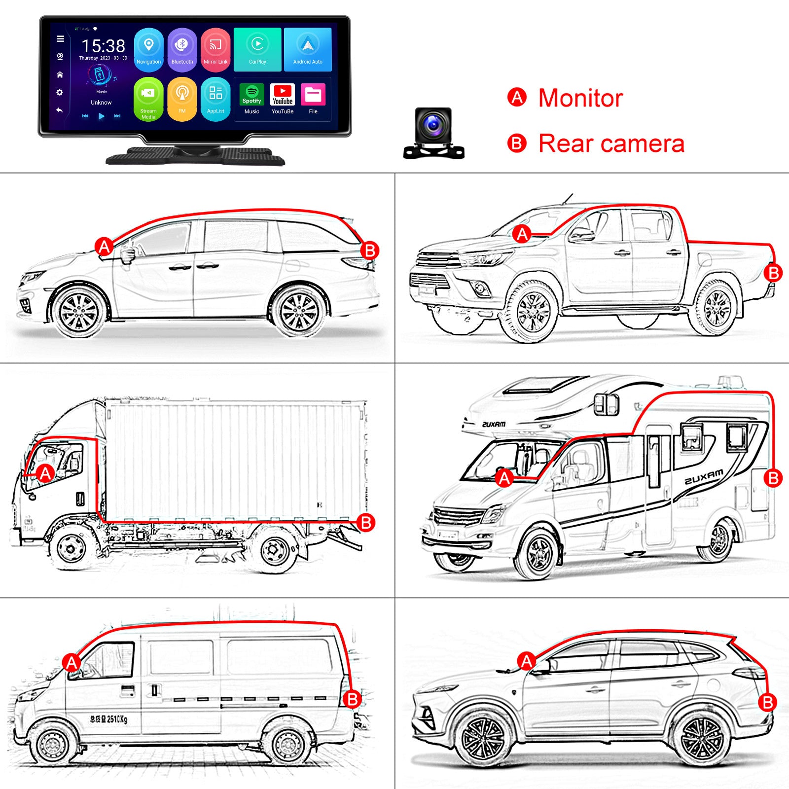 10.77" Portable Bluetooth Car Navigation Wireless Carplay HD Large Touch Screen