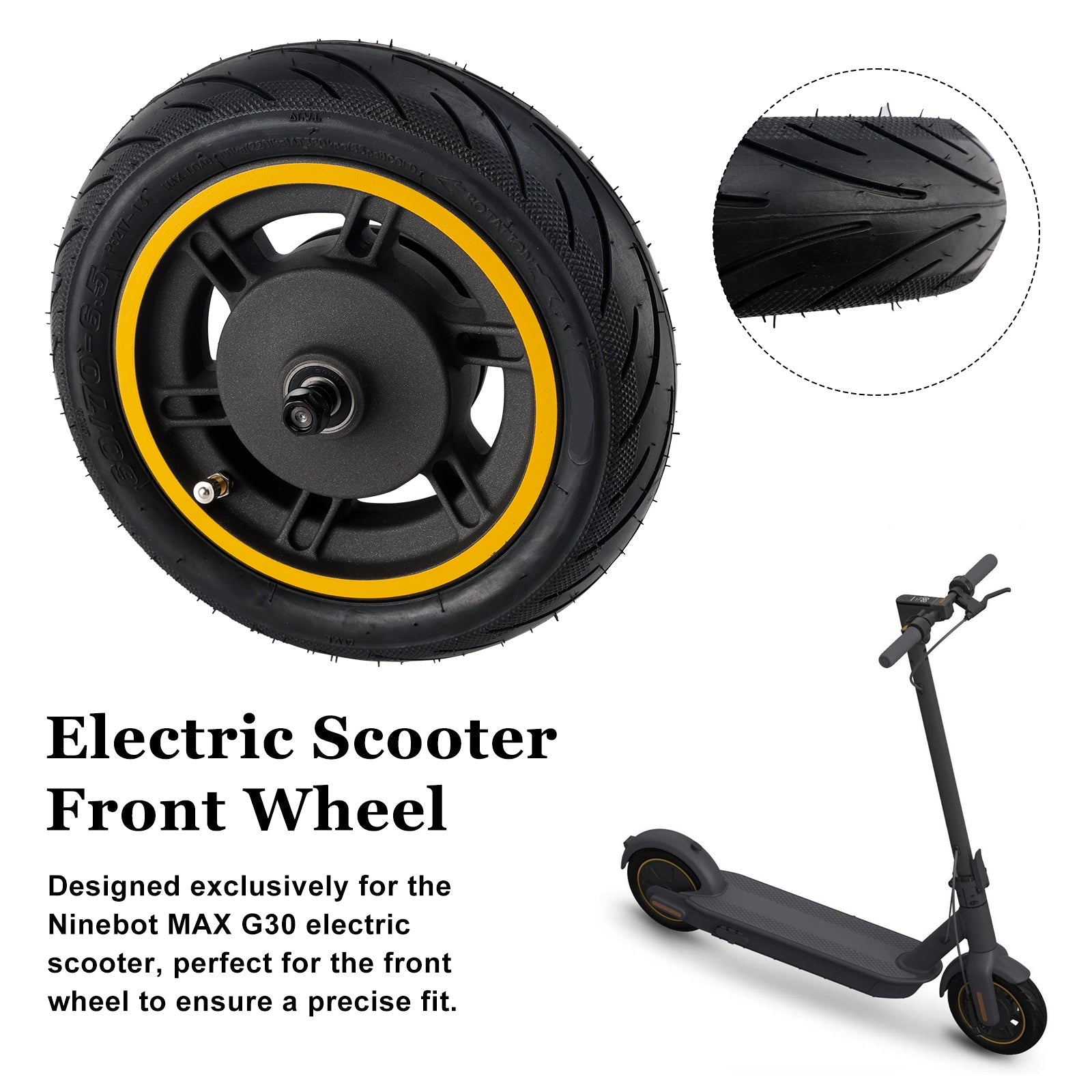 10" Solid Tire Front Wheel 60/70-6.5 Scooter Replacement for Ninebot Max G30
