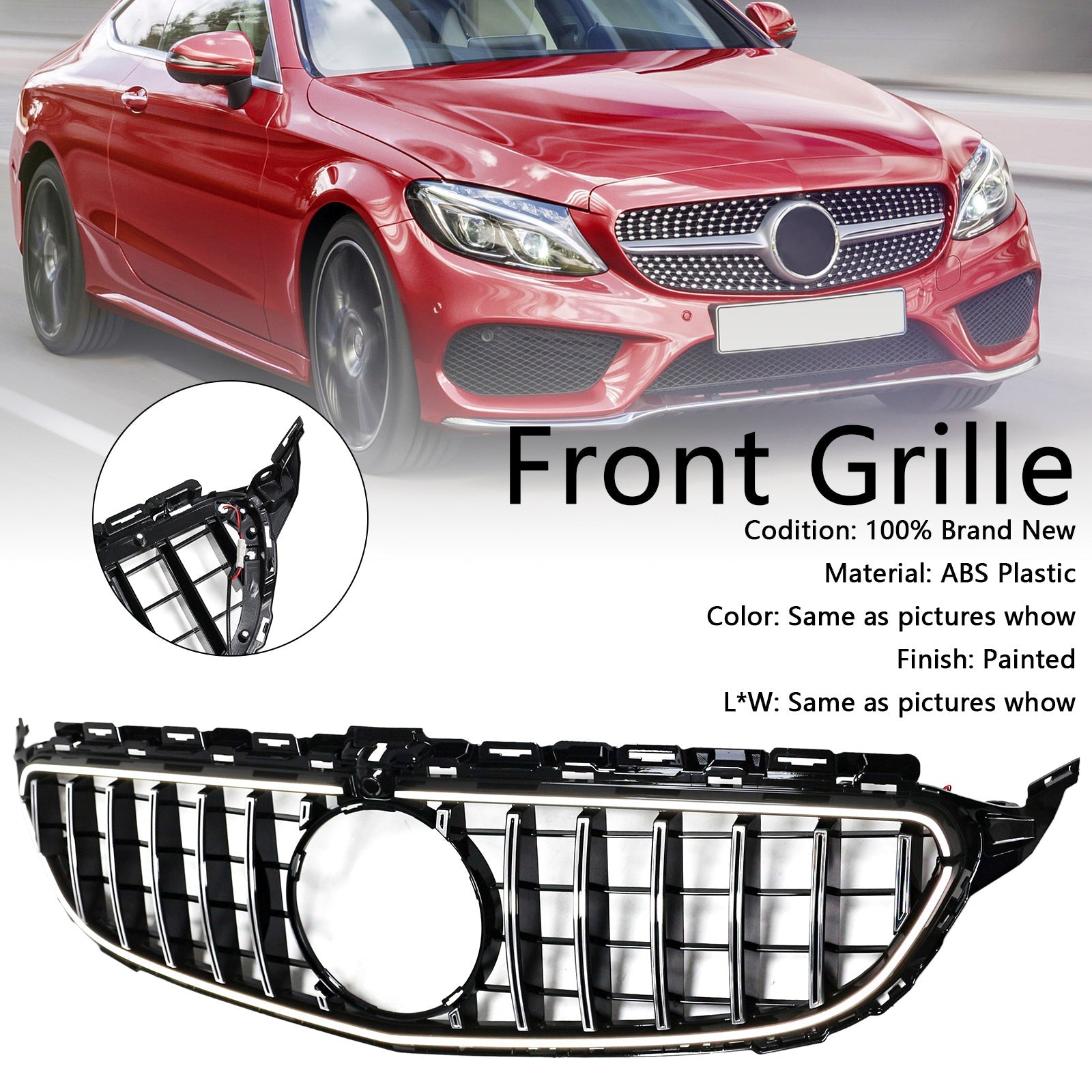 2015-2021 Mercedes W205 C250 C300 W/LED Chrome Front Bumper Grill Grille