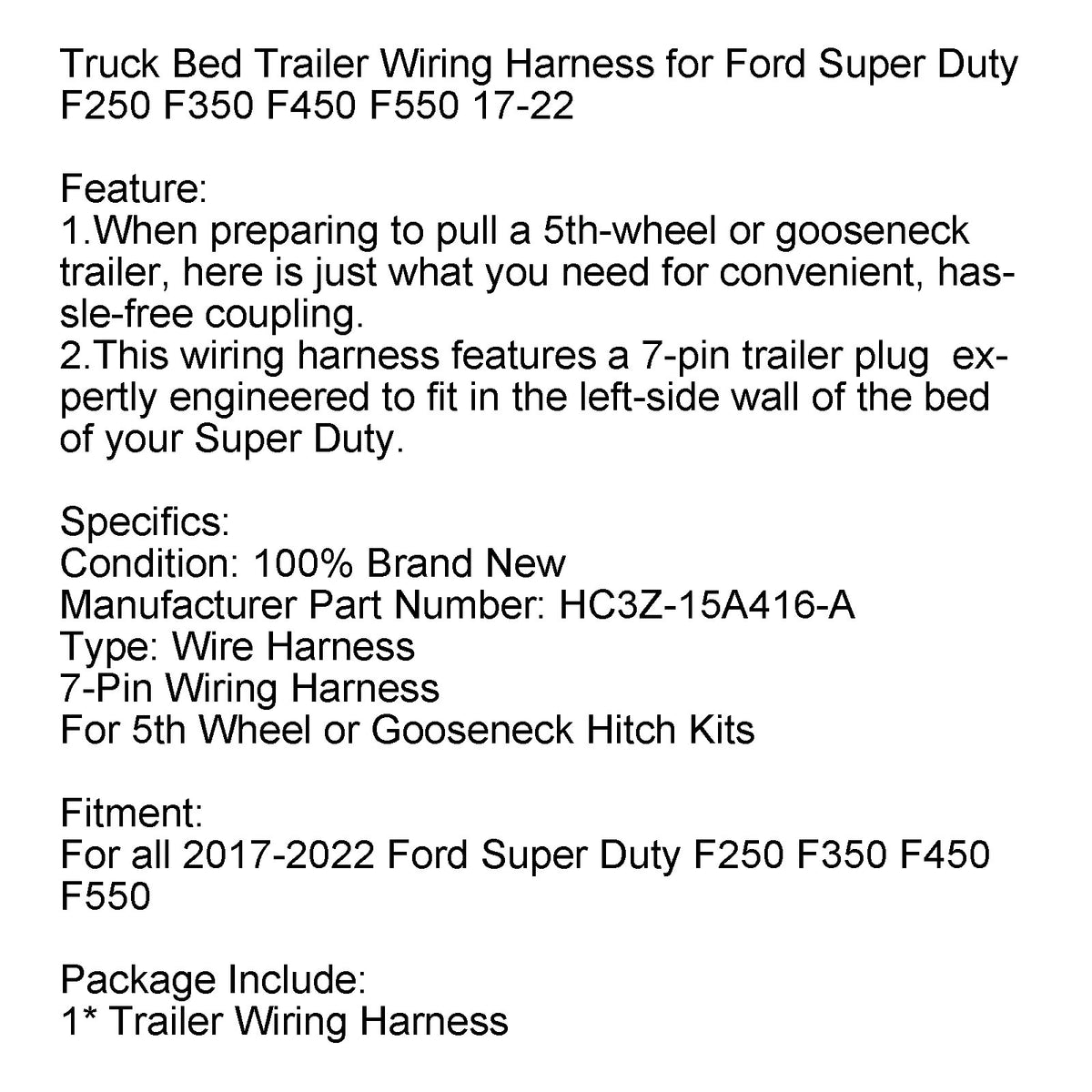 Truck Bed Trailer Wiring Harness for Ford Super Duty F250 F350 F450 F550 17-22