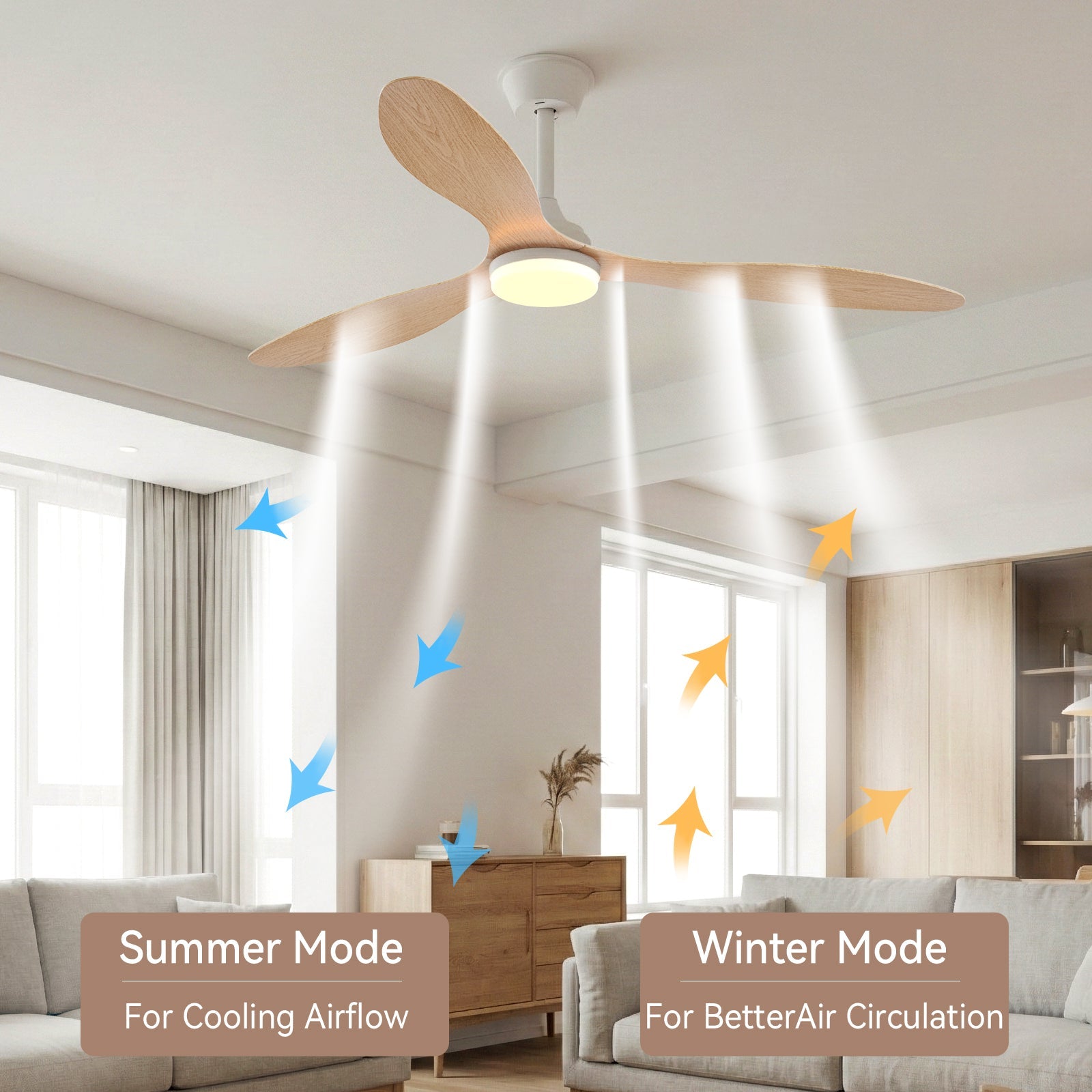 Modern 52" Pendant Ceiling Fan with Light Remote Quiet 6 Speeds Black White