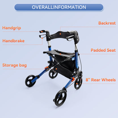 Foldable Rollator Walker with 6 levels of Adjustable Seat 8 Wheels  Compact Folding Design Lightweight Mobility Walking Aid suitable for people of different heights
