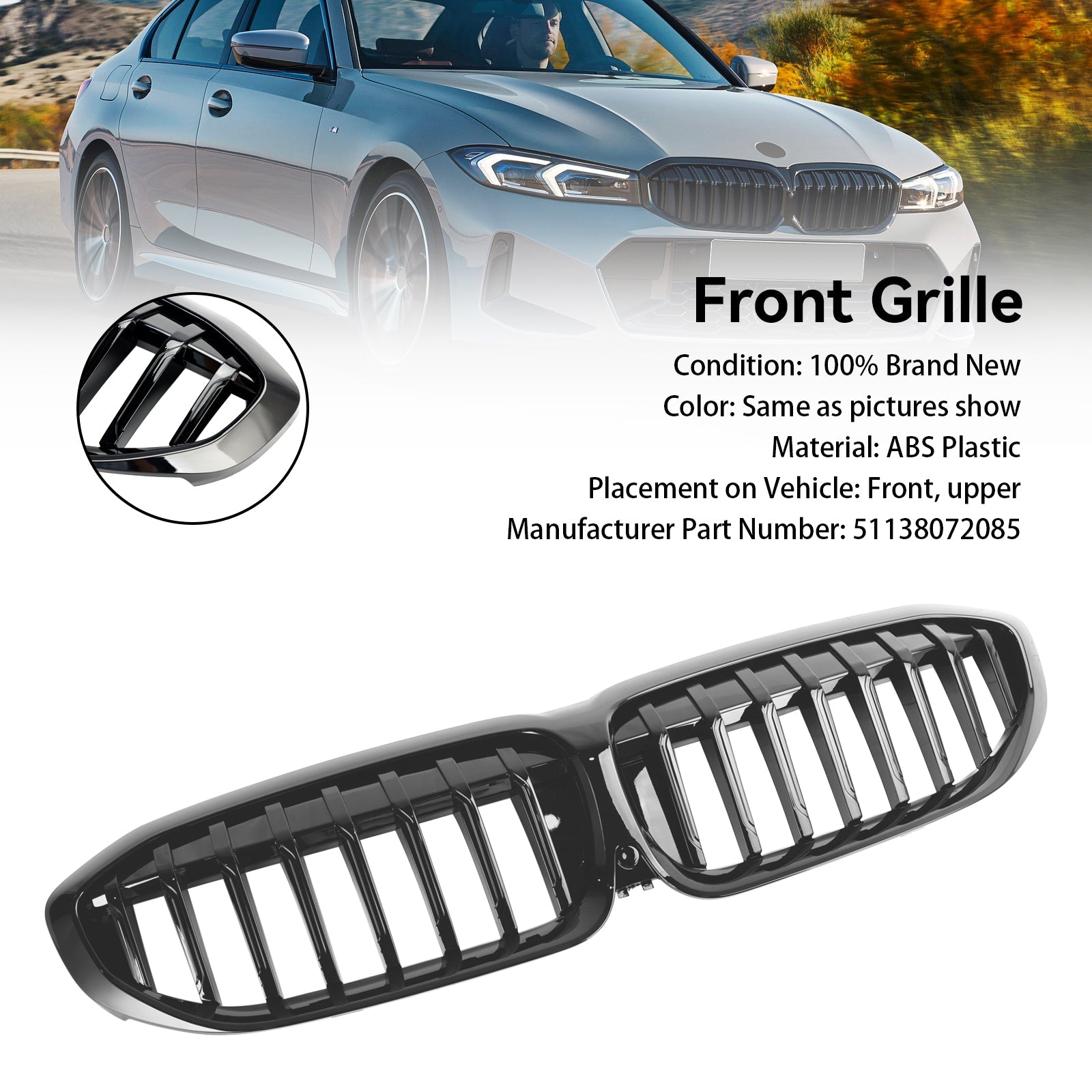 2019-2022 BMW 3 Series G20 G28 Gloss Black Kidney Grille Grill 51138072085