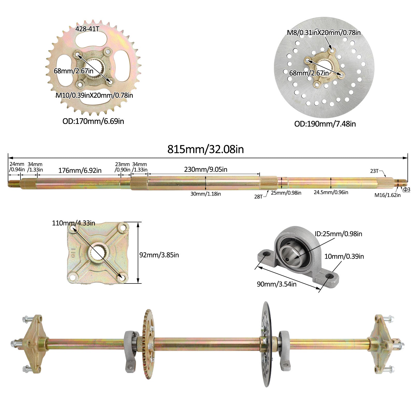 32" ATV Quad Go Kart Rear Live Axle Kit Sprocket Brake Wheel Hub Brake Assembly