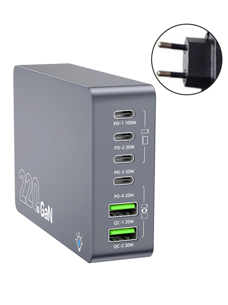 F8A Desktop Charging Station USB 6-Port Fast Charger PD100W Charging Stand Smart Charger EU Plug
