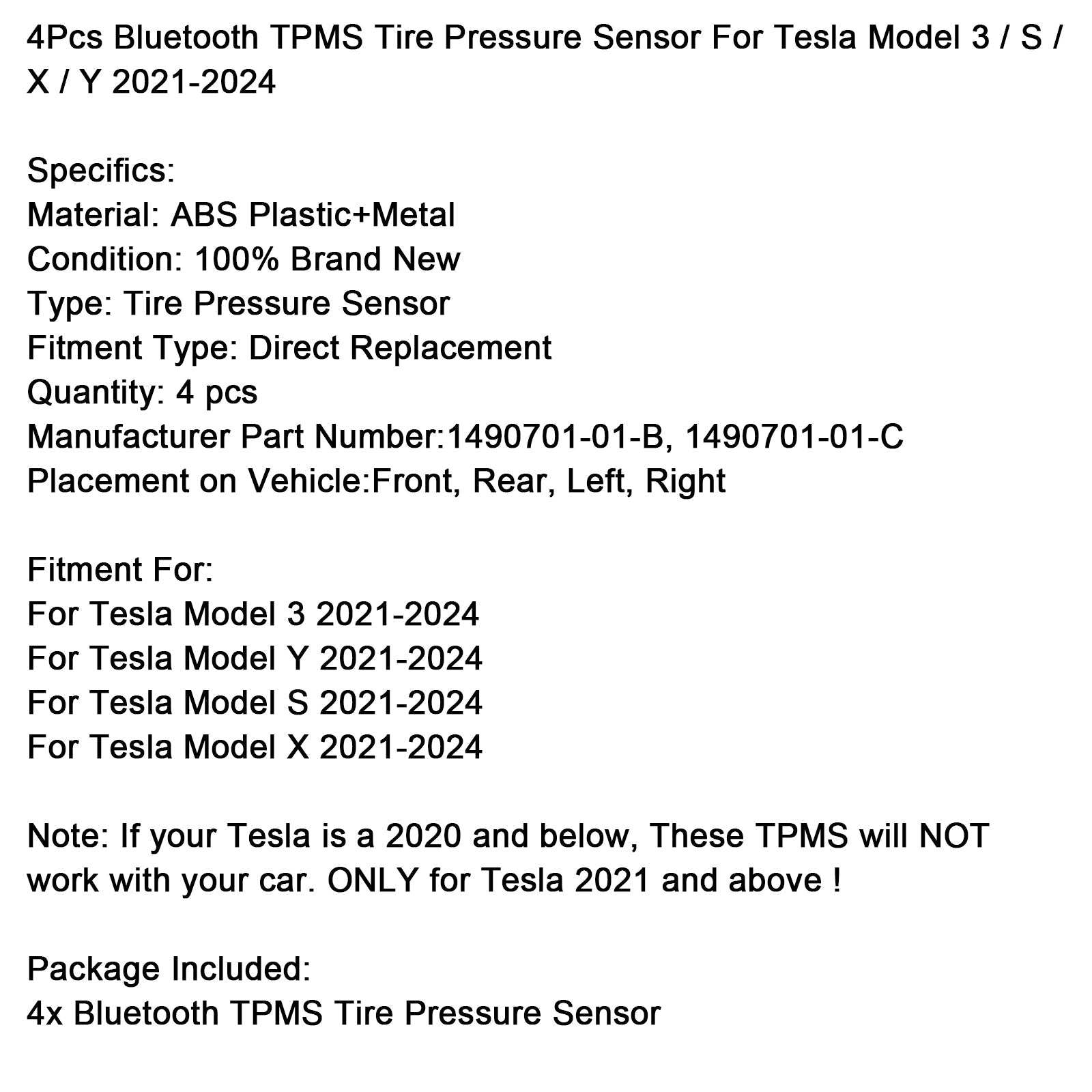 2021-2024 Tesla Model S 4Pcs Bluetooth TPMS Tire Pressure Sensor