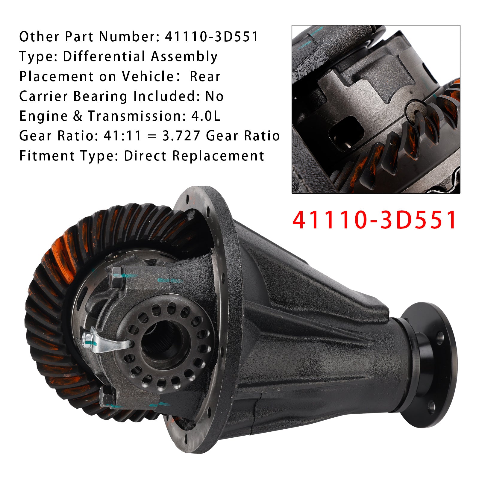 2007 Toyota FJ Cruiser 6 Cyl 4.0L w/ Automatic Transmission Rear Differential Assembly 41:11 3.727 Gear Ratio 42181-60130