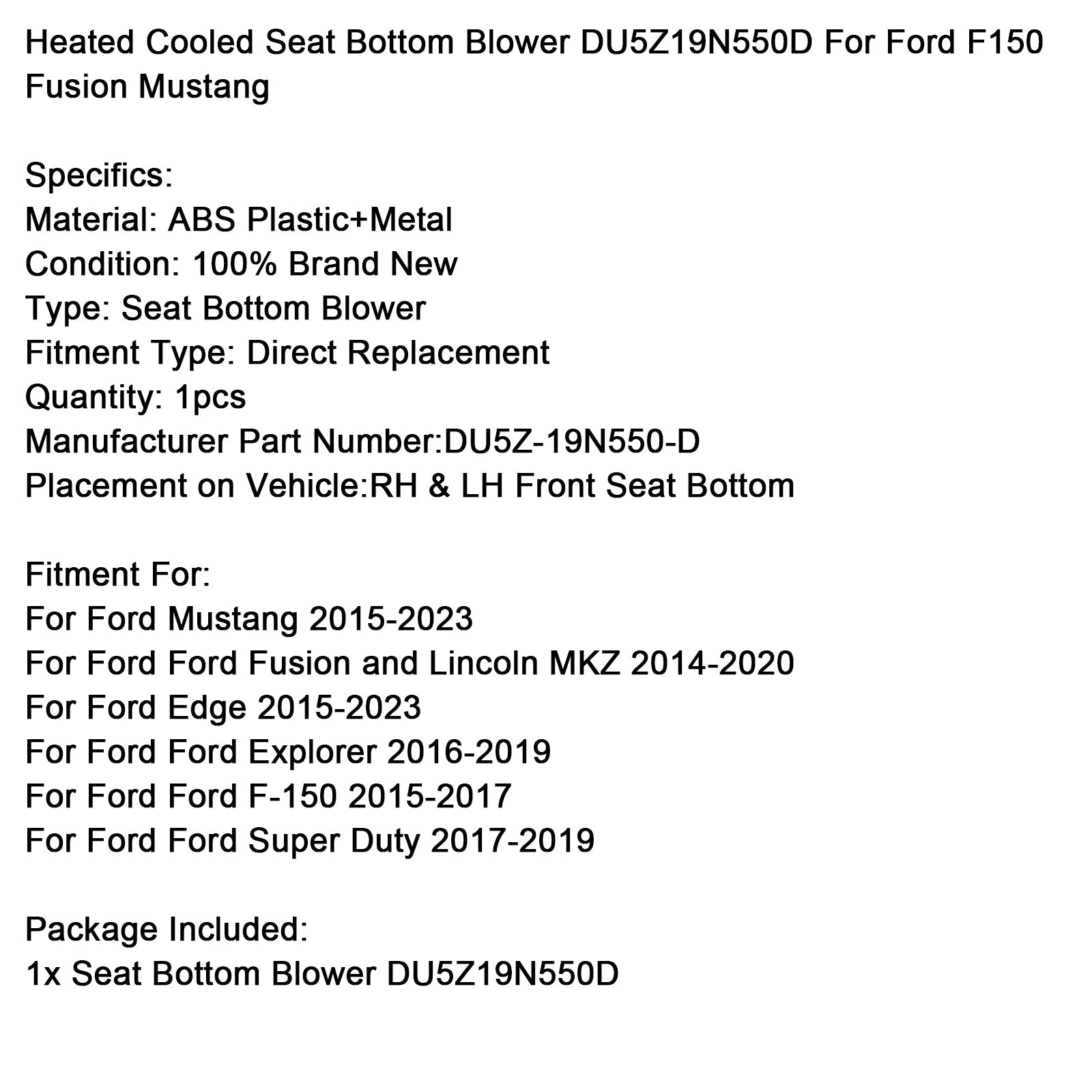2015-2023 Ford Mustang Heated Cooled Seat Bottom Blower DU5Z19N550D