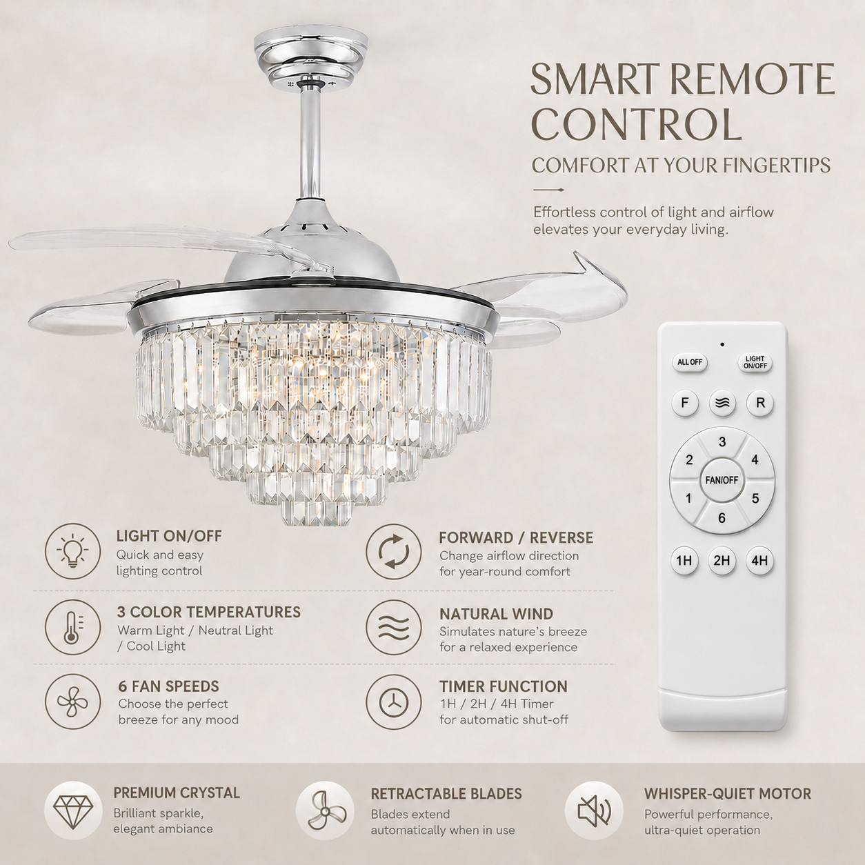 Remote Control Retractable Blades 6 Speeds 42" Crystal Ceiling Fan with Light