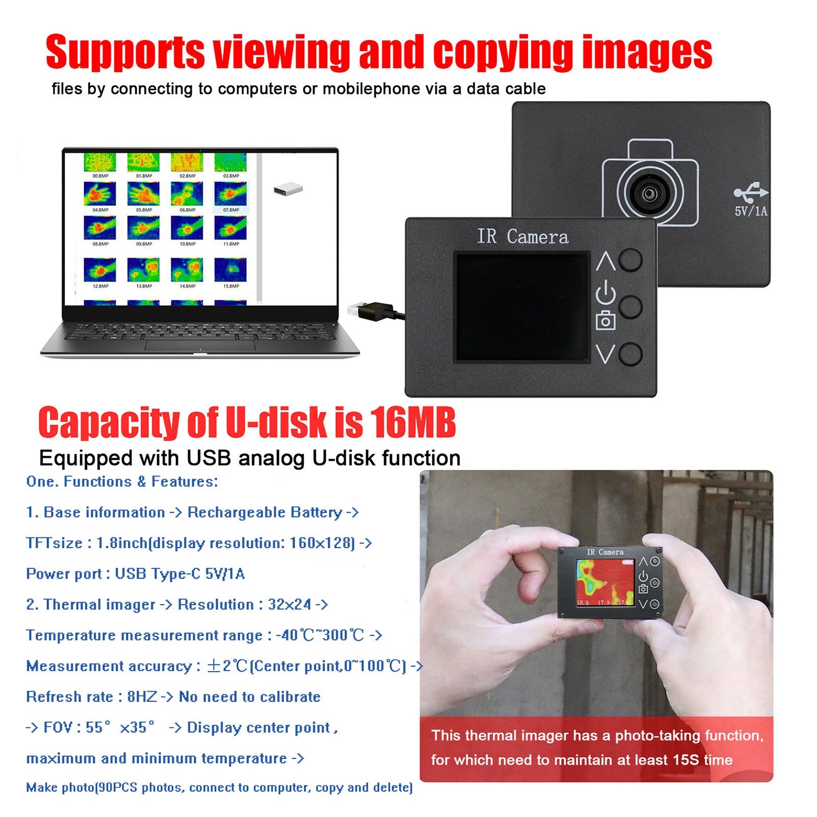 2 In 1 IR Camera Temperature Tester Thermal Imager With Imaging Sensor 1.8Inch