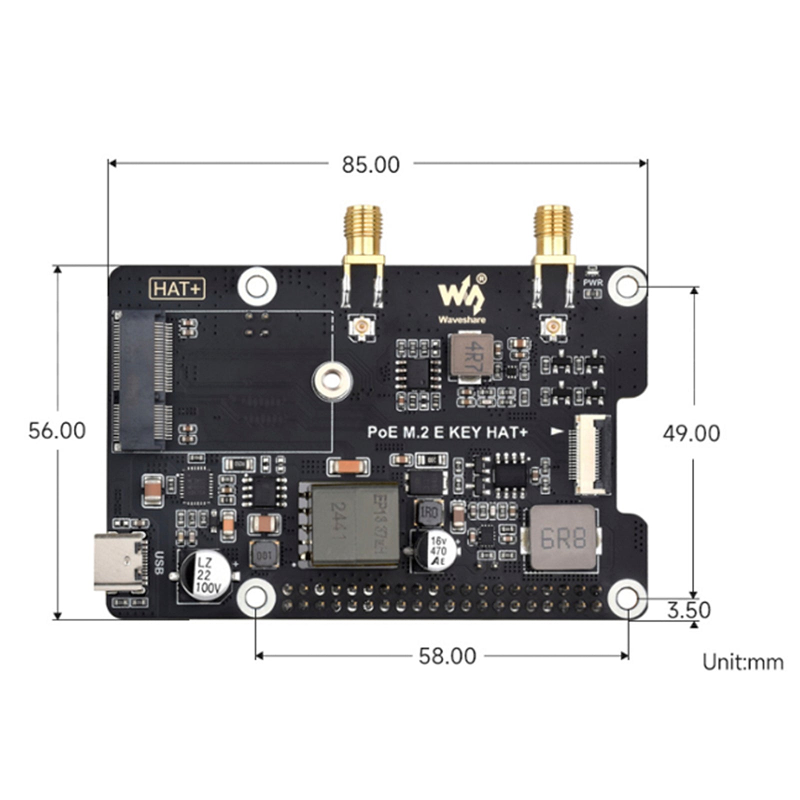 Raspberry Pi 5 PCIe to M.2 E Key with PoE Ethernet Power Supply Adapter Board