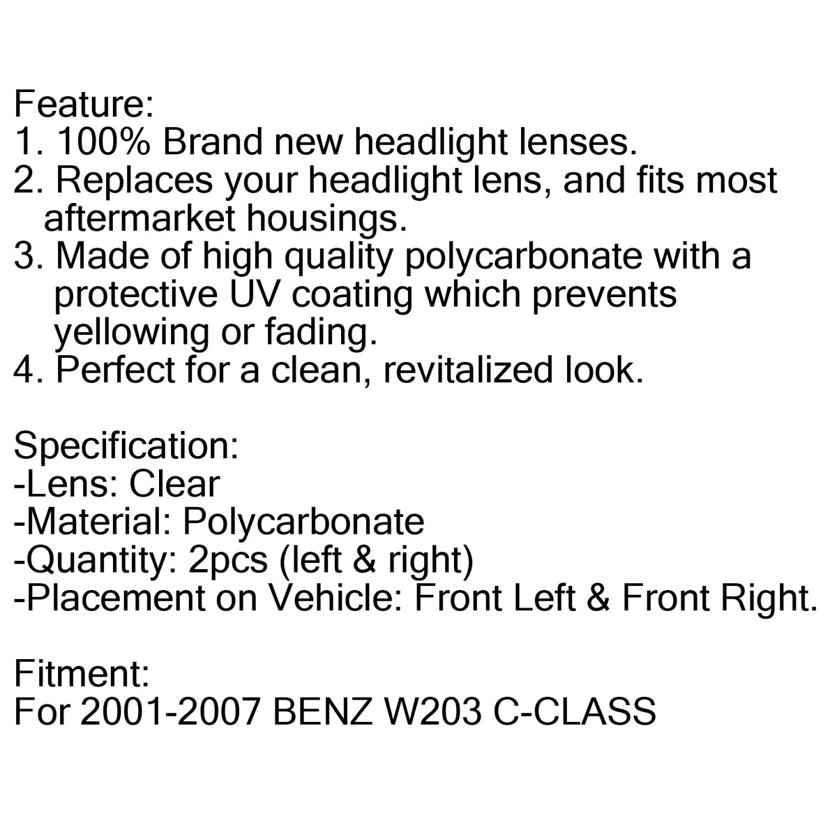 2001-2007 BENZ W203 C-Class C320 Headlight Lens Shell Plastic Cover Left + Right Generic
