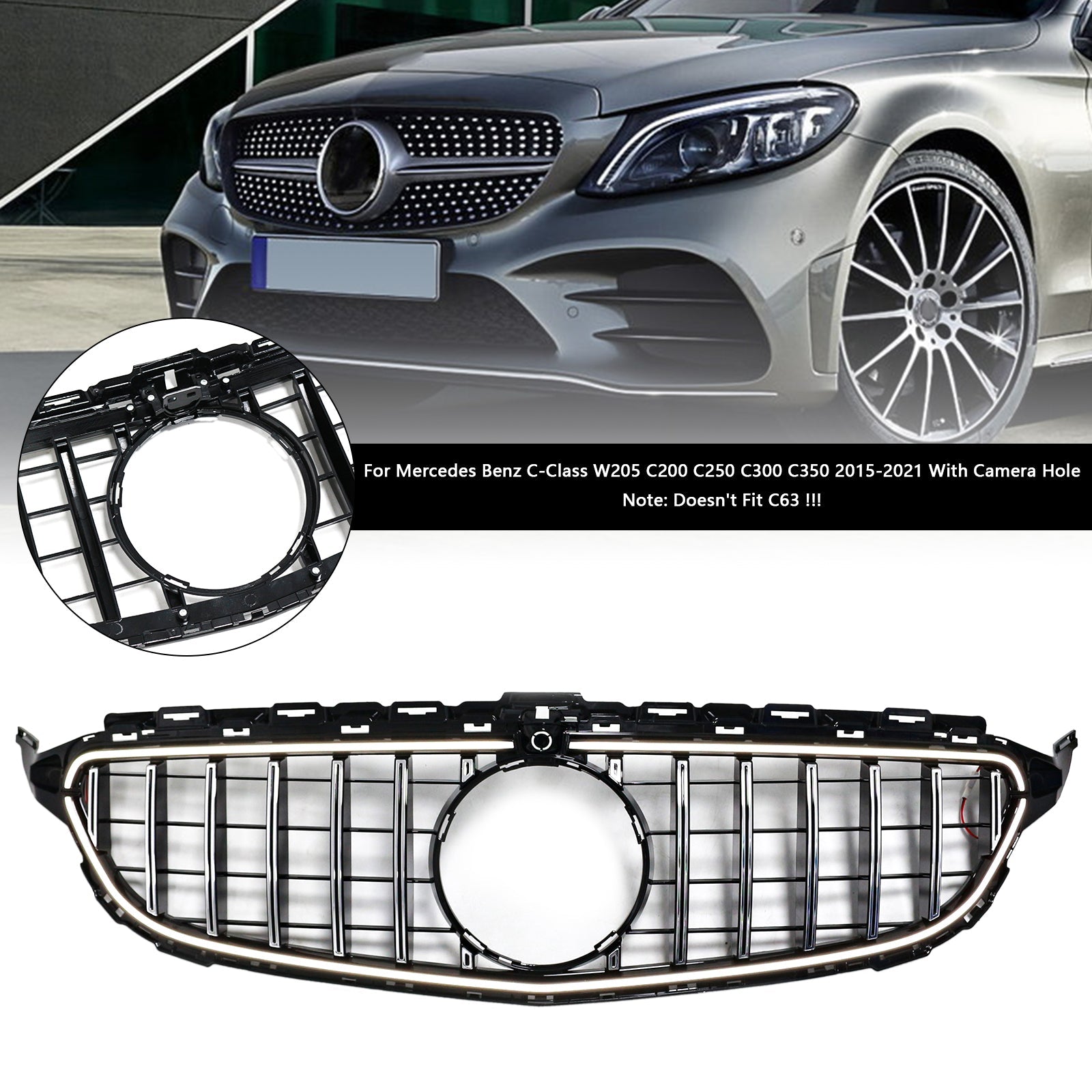 2015-2021 Mercedes W205 C250 C300 W/LED Chrome Front Bumper Grill Grille
