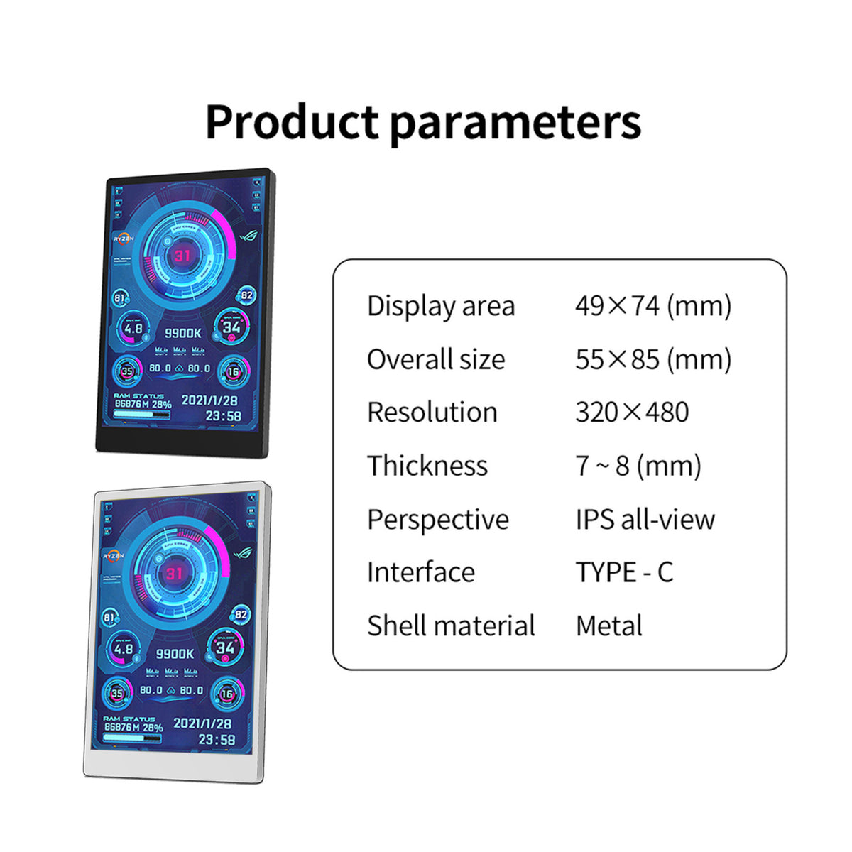 AIDA64 Type-C Secondary Screen 3.5inch IPS Monitor USB Display CPU GPU RAM White