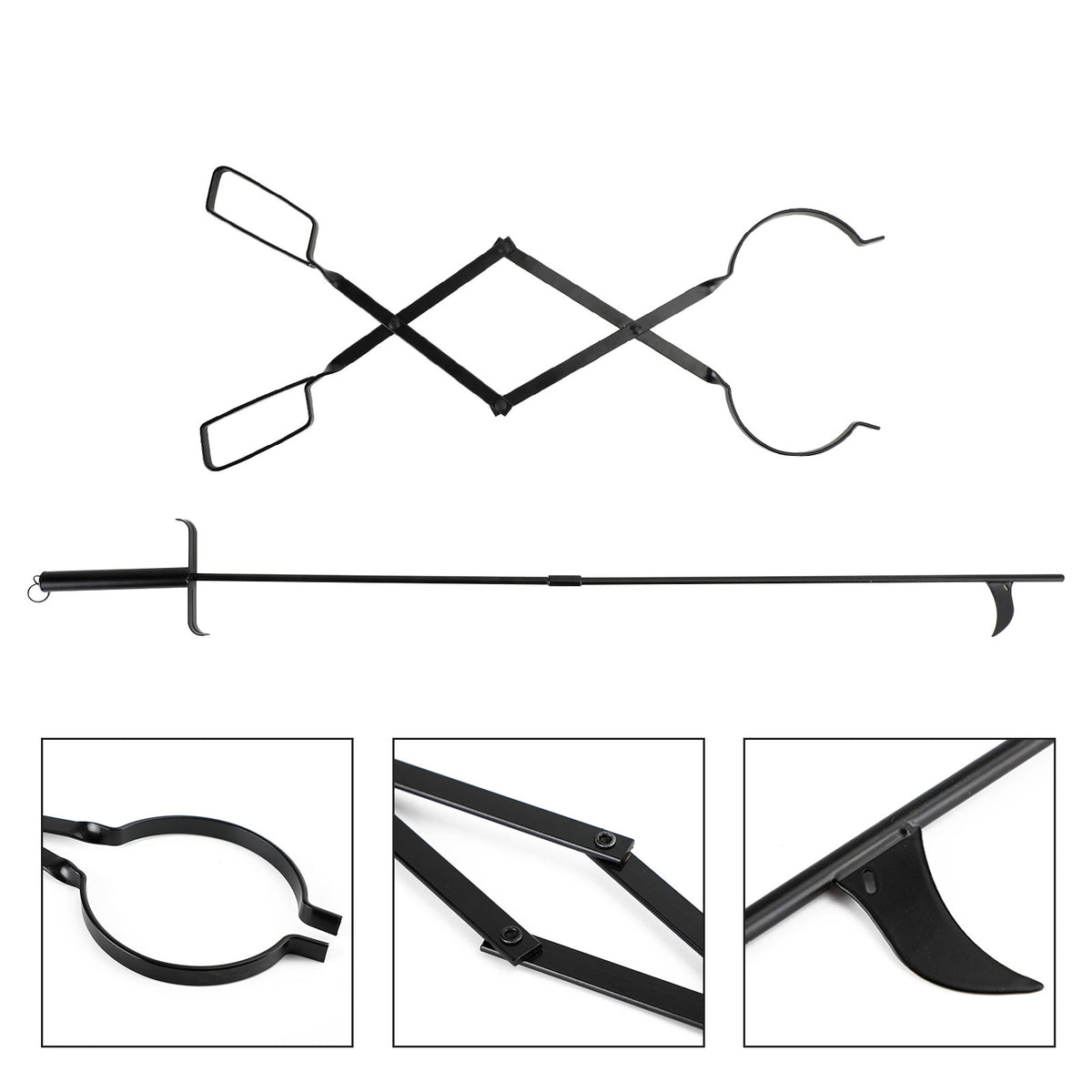2PCS Hearth Tool Fireplace Set Fire Tools Set Campfire Tongs Fire hook Black