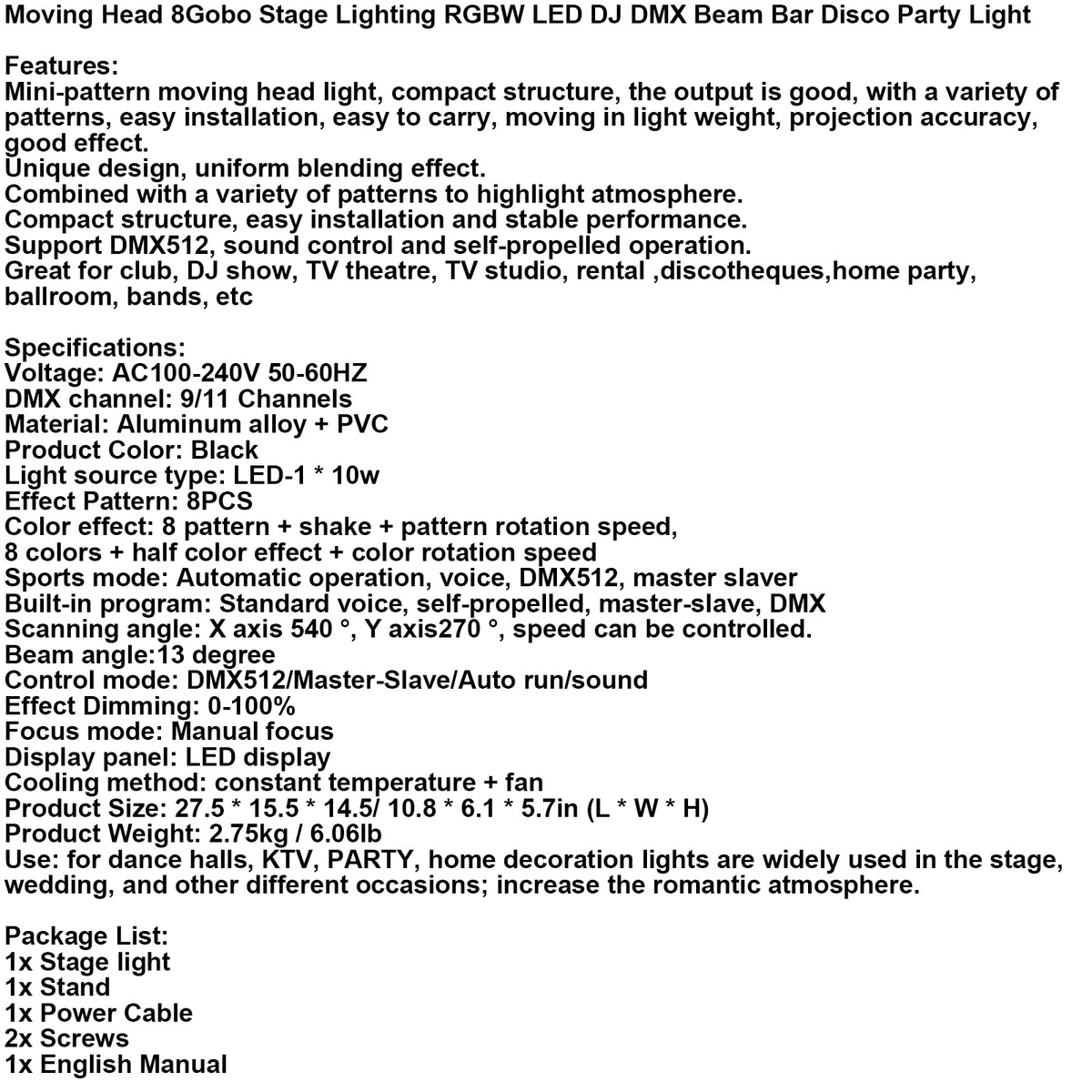 Moving Head 8Gobo Stage Lighting RGBW LED DJ DMX Beam Bar Disco Party Light