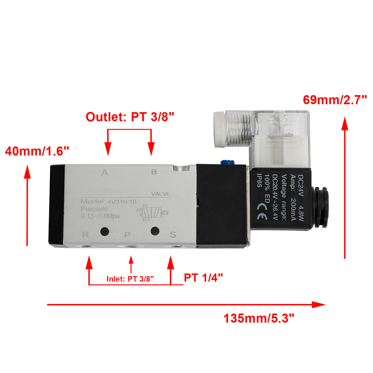 4V310-10 5 Way 2 Position PT3/8" DC 24V Pneumatic Electric Solenoid Air Valve