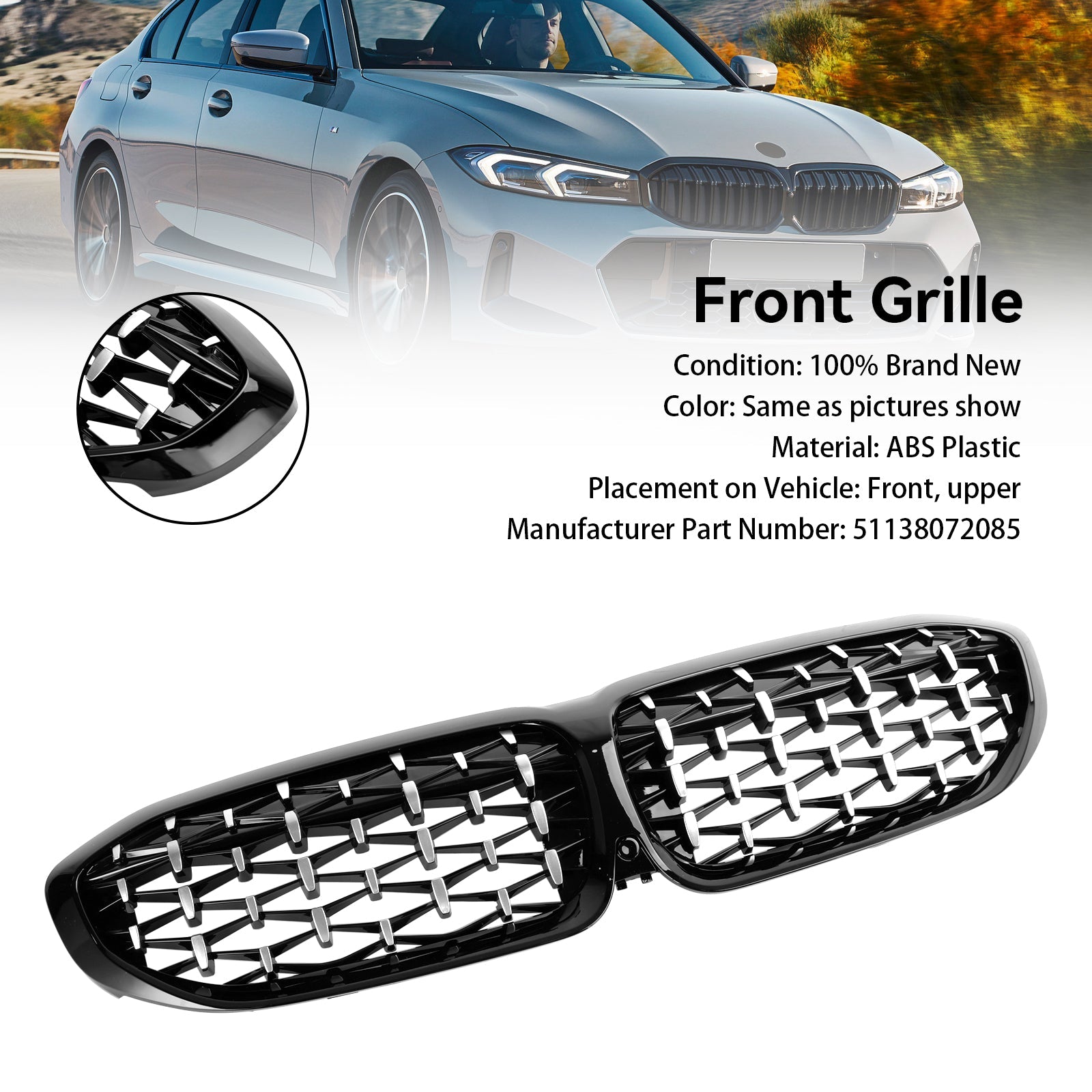 2019-2022 BMW 3 Series G20 Diamond Kidney Grille Grill 51138072085
