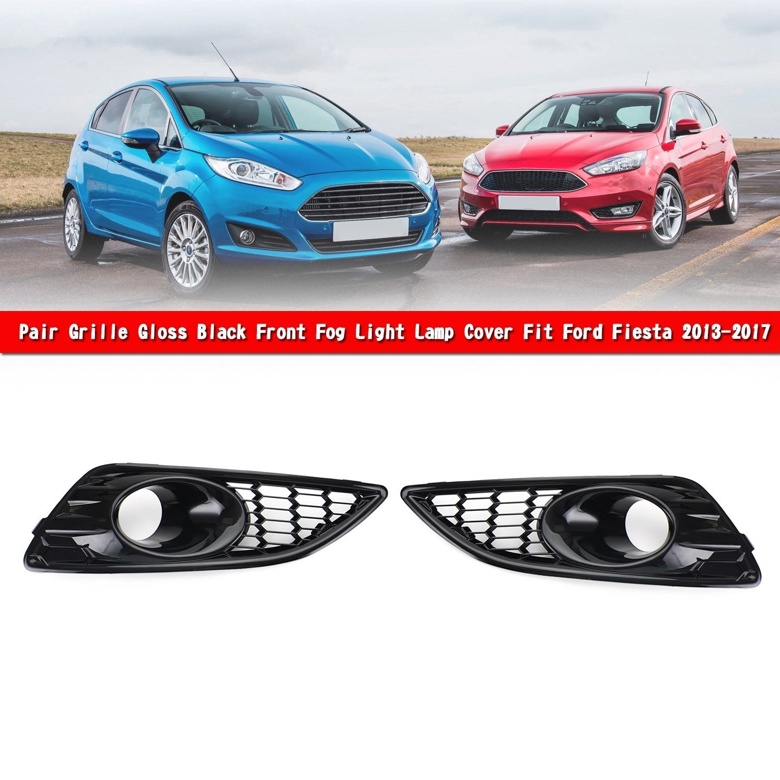 2013-2017 Ford Fiesta Pair Grille Gloss Black Front Fog Light Lamp Cover Generic