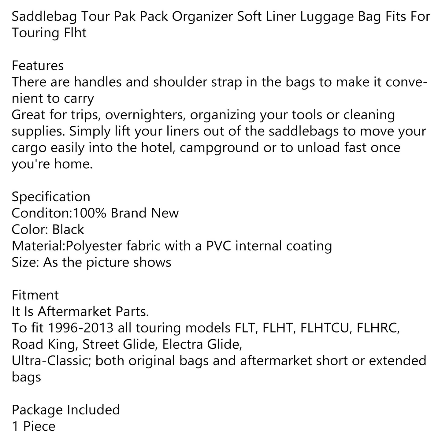 Touring Flht Saddlebag Tour Pak Pack Organizer Soft Liner Luggage Bag