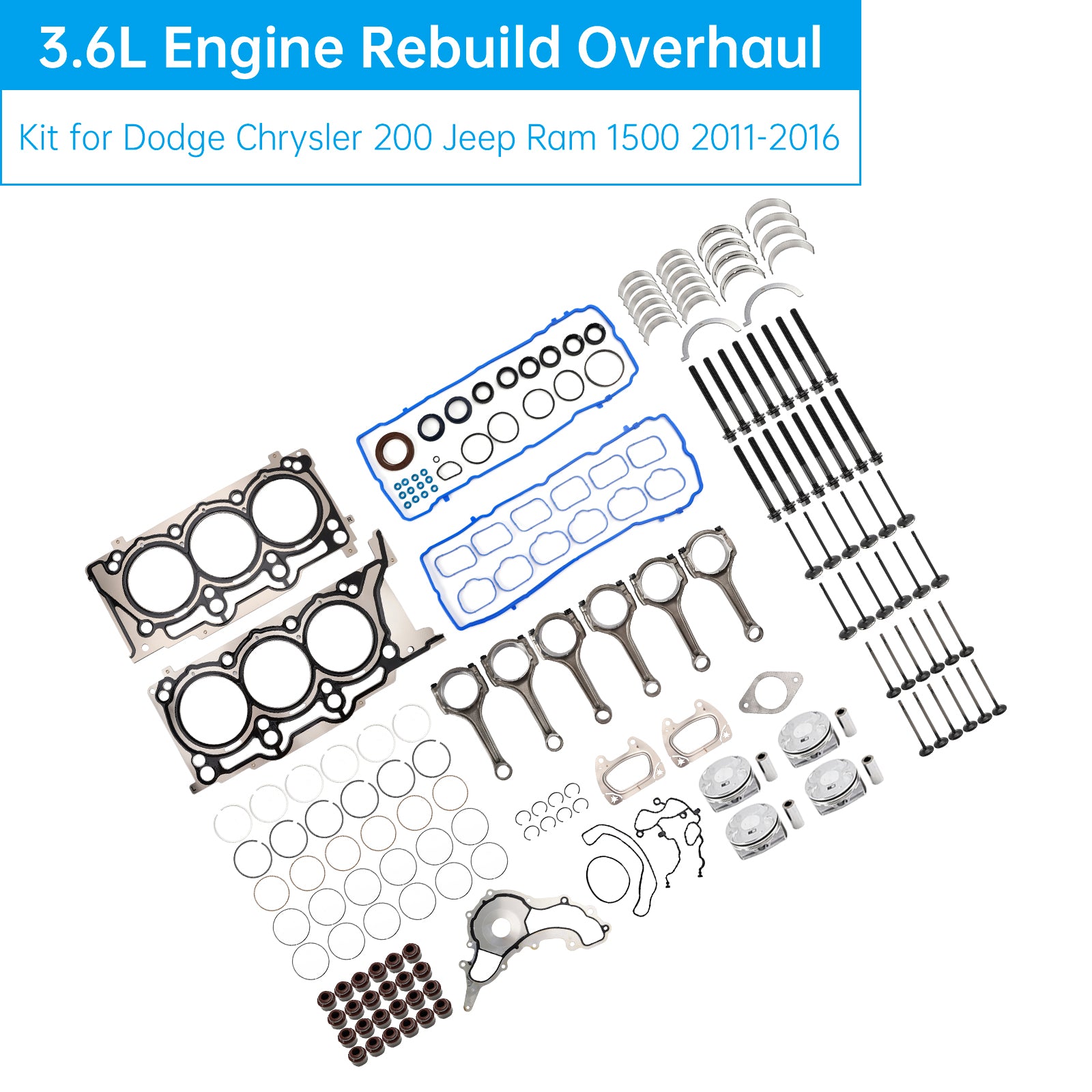 2011-2016 CHRYSLER TOWN &amp; COUNTRY 3.6L 3604CC 220CID V6 FLEX DOHC 3.6L Engine Rebuild Overhaul Kit 5184088AF H1517CPA