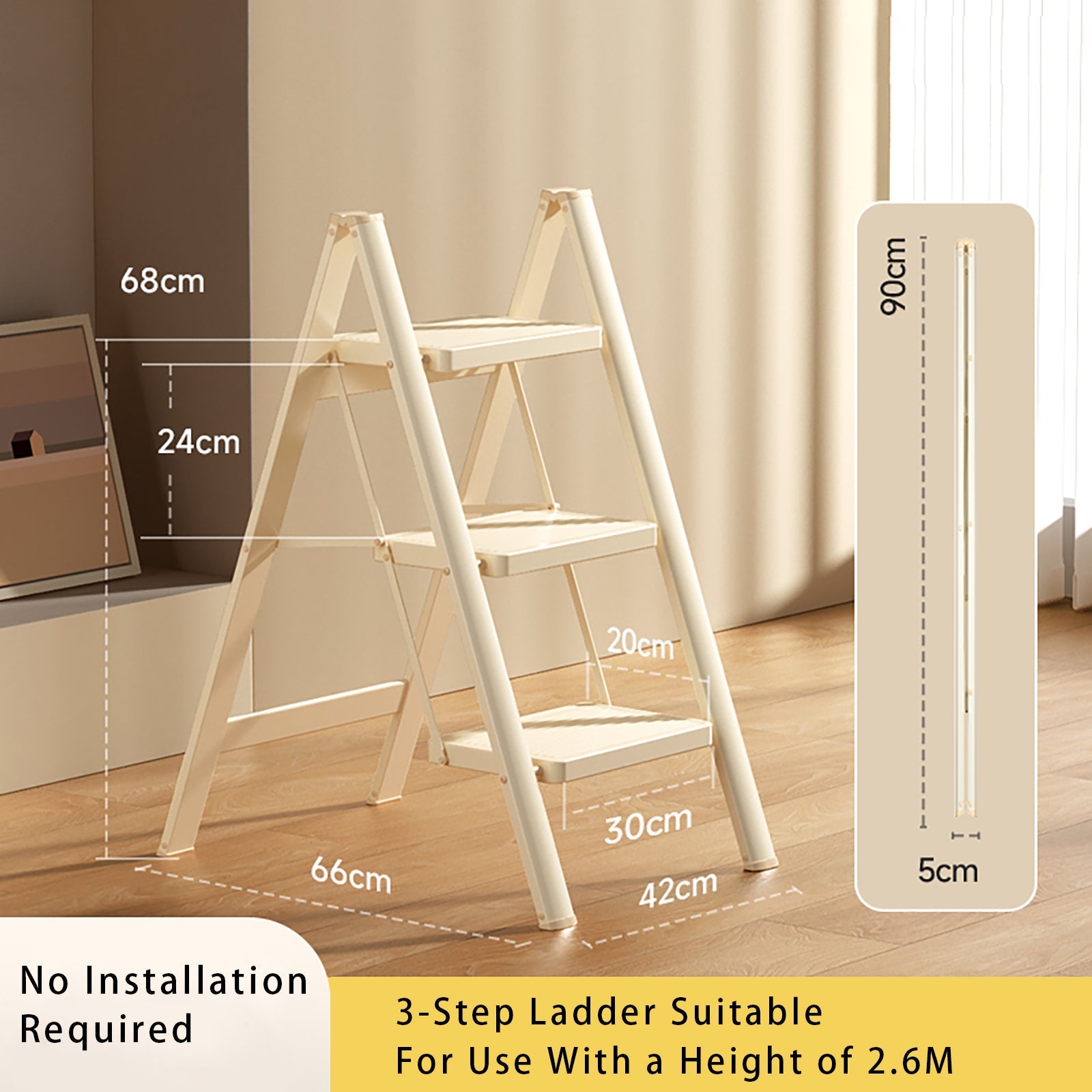 Lightweight 3 Step Ladder, Foldable & Portable, 330.7 lbs Capacity, for Home Use