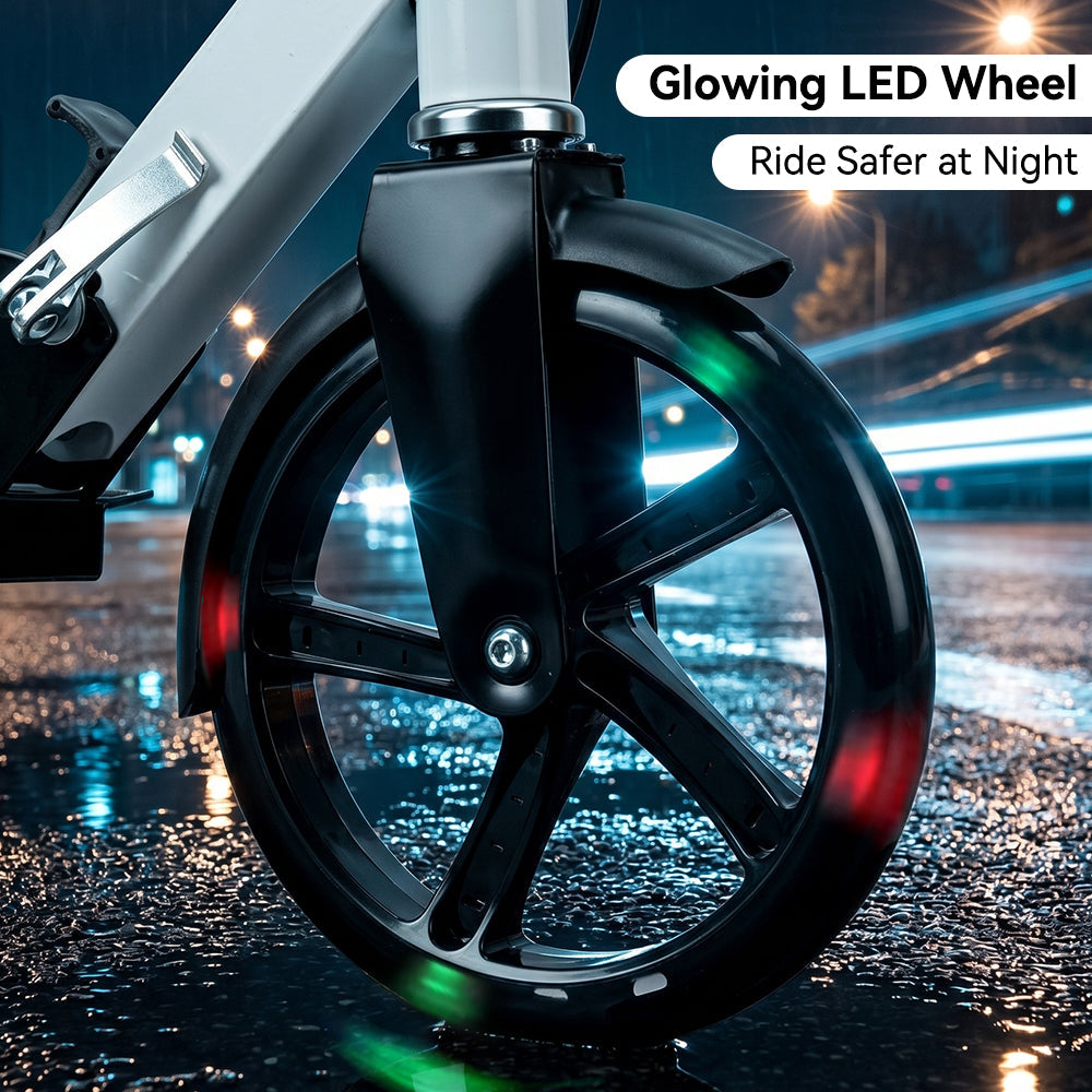 Foldable Commuter Kick Scooter For Adults and Teens With 8" Large solid pu luminous tire Dual Safety Brakes Anti-Slip Deck Commute Kick Scooter