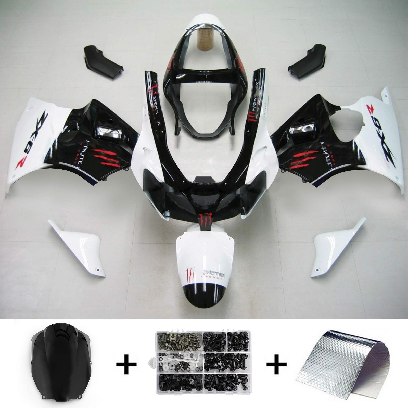 2000-2002 Kawasaki Zx6R Fairing White Black Kit
