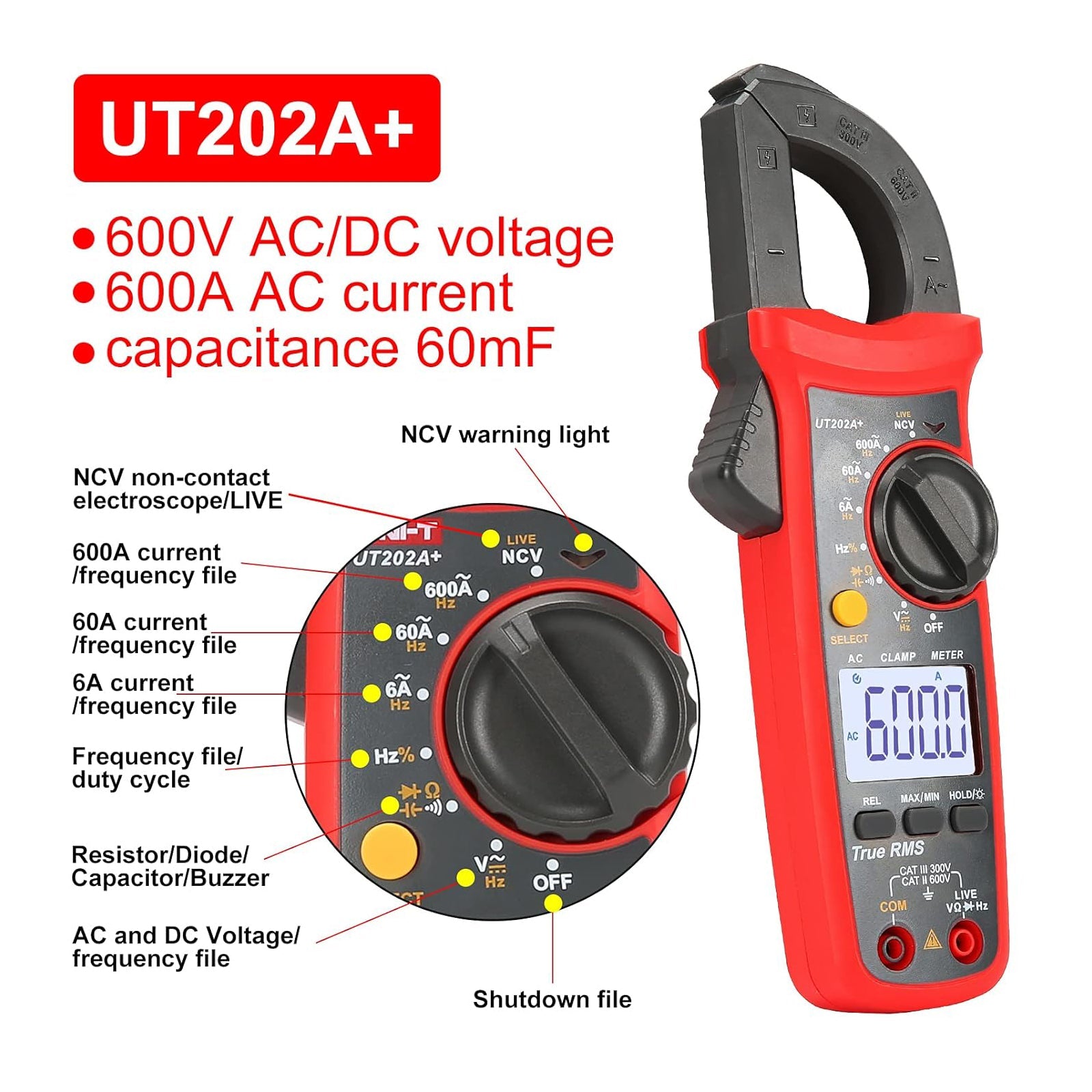 UT202A+ Digital Clamp Meter 6000 Counts Auto Range True RMS NCV Multimeter